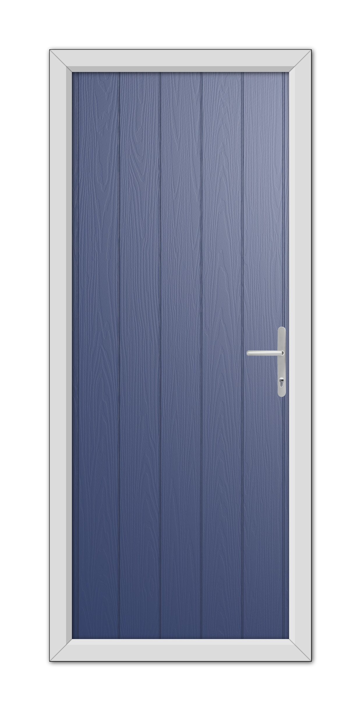 A Blue Norfolk Solid Composite Door 48mm Timber Core with a silver handle, set within a white door frame, viewed frontally.