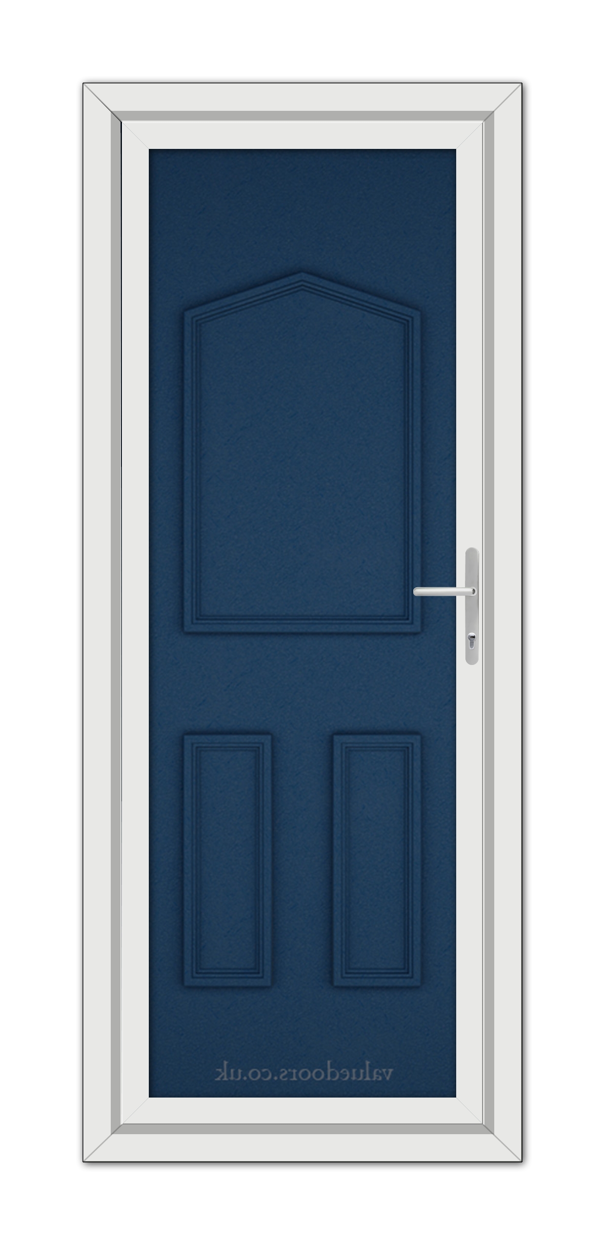 A vertical image of a closed Blue Oxford Solid uPVC Door with a white frame and a metallic handle, set within a white door frame.