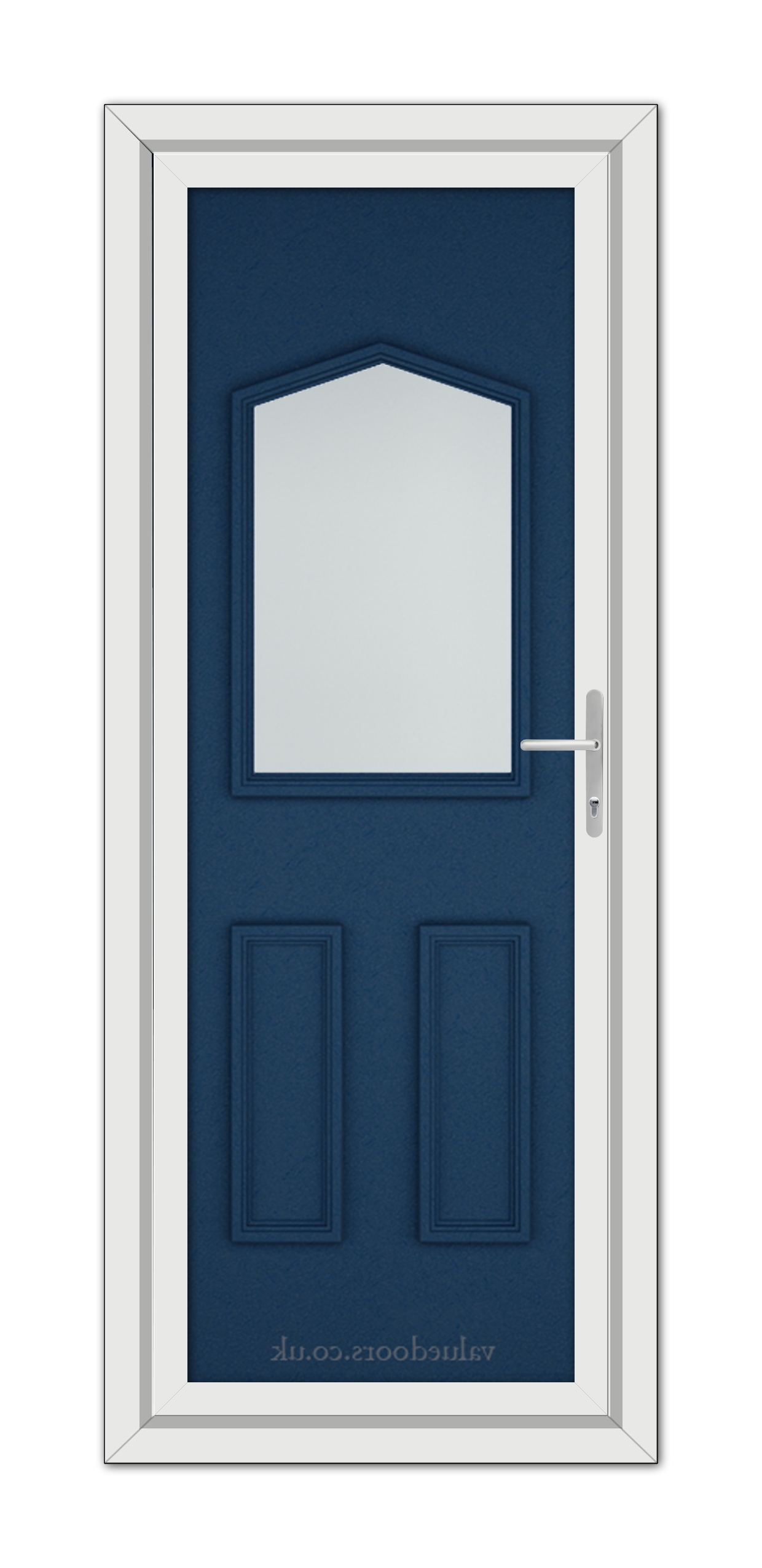 A vertical image of a closed Blue Oxford uPVC Door with an arched window at the top and two recessed panels, set in a white frame.
