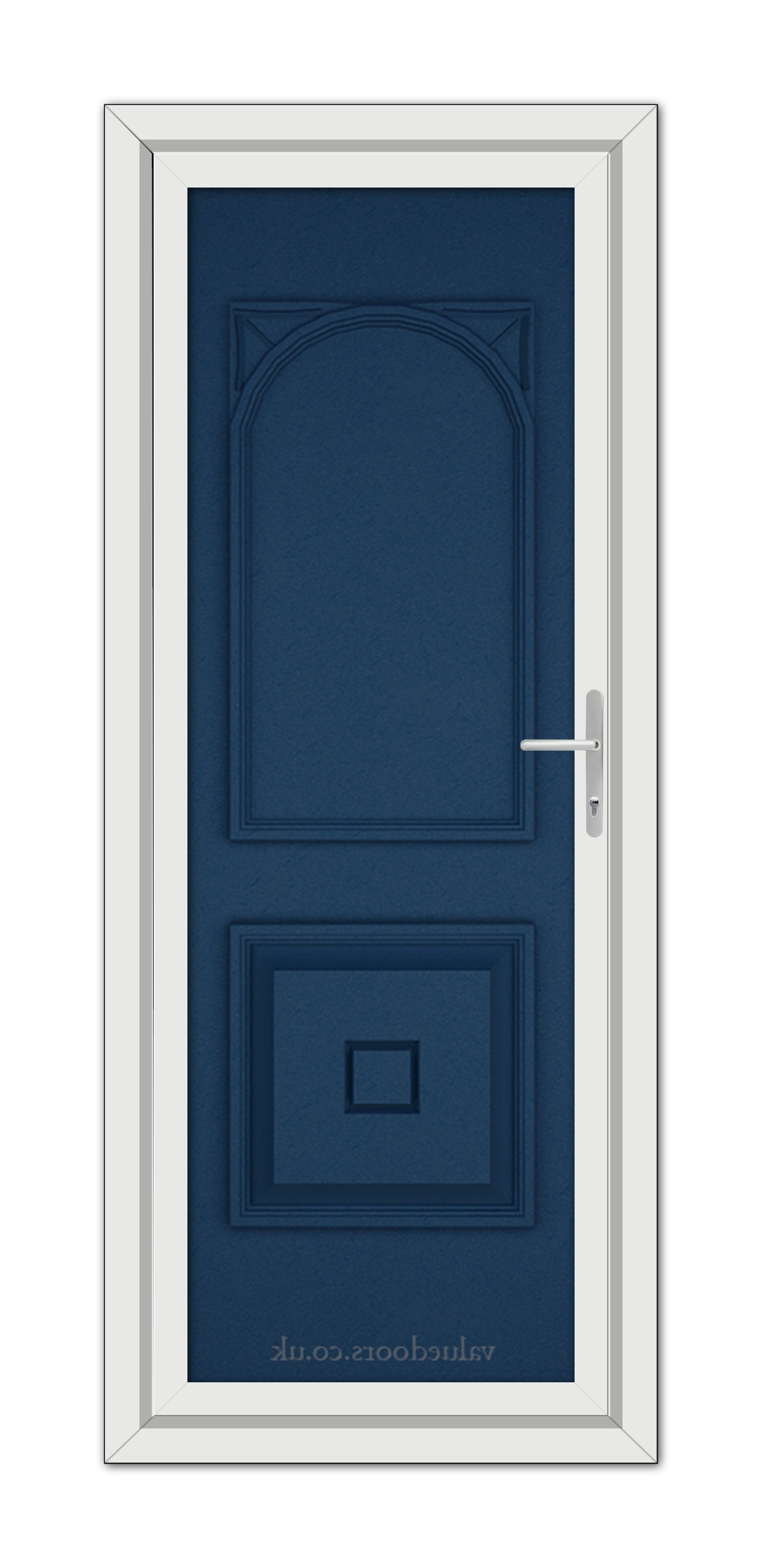 A Blue Reims Solid uPVC Door with a vertical arched panel at the top and a rectangular panel at the bottom, set within a white door frame.