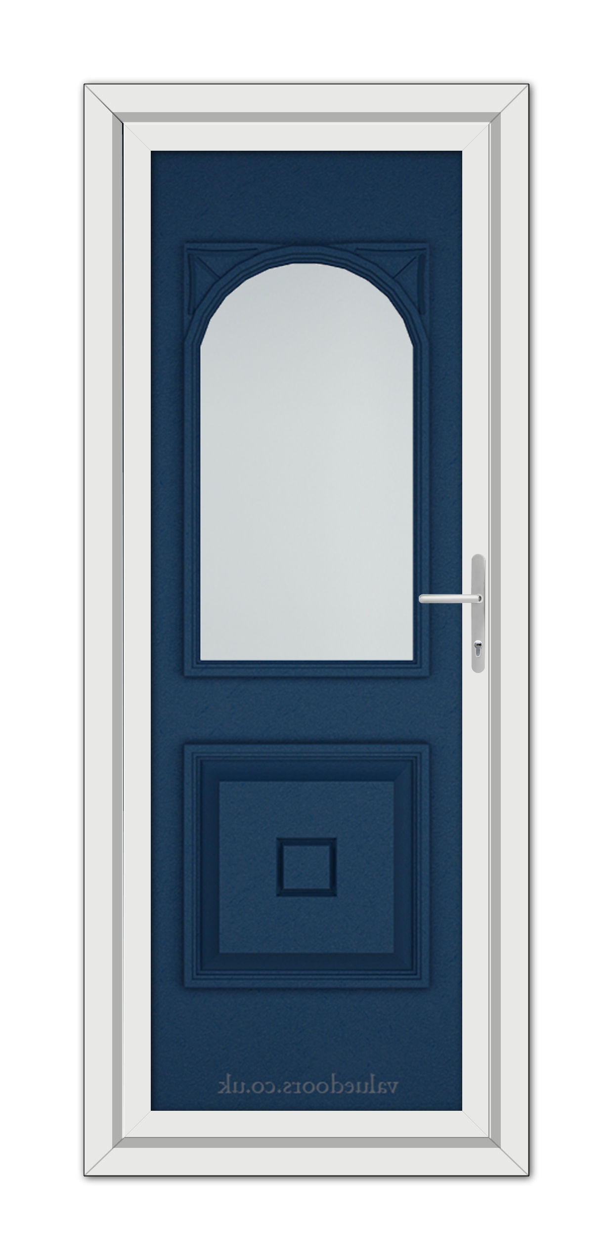 A vertical image of a closed, Blue Reims uPVC door with a white frame, featuring an oval-shaped window at the top and a silver handle on the right.