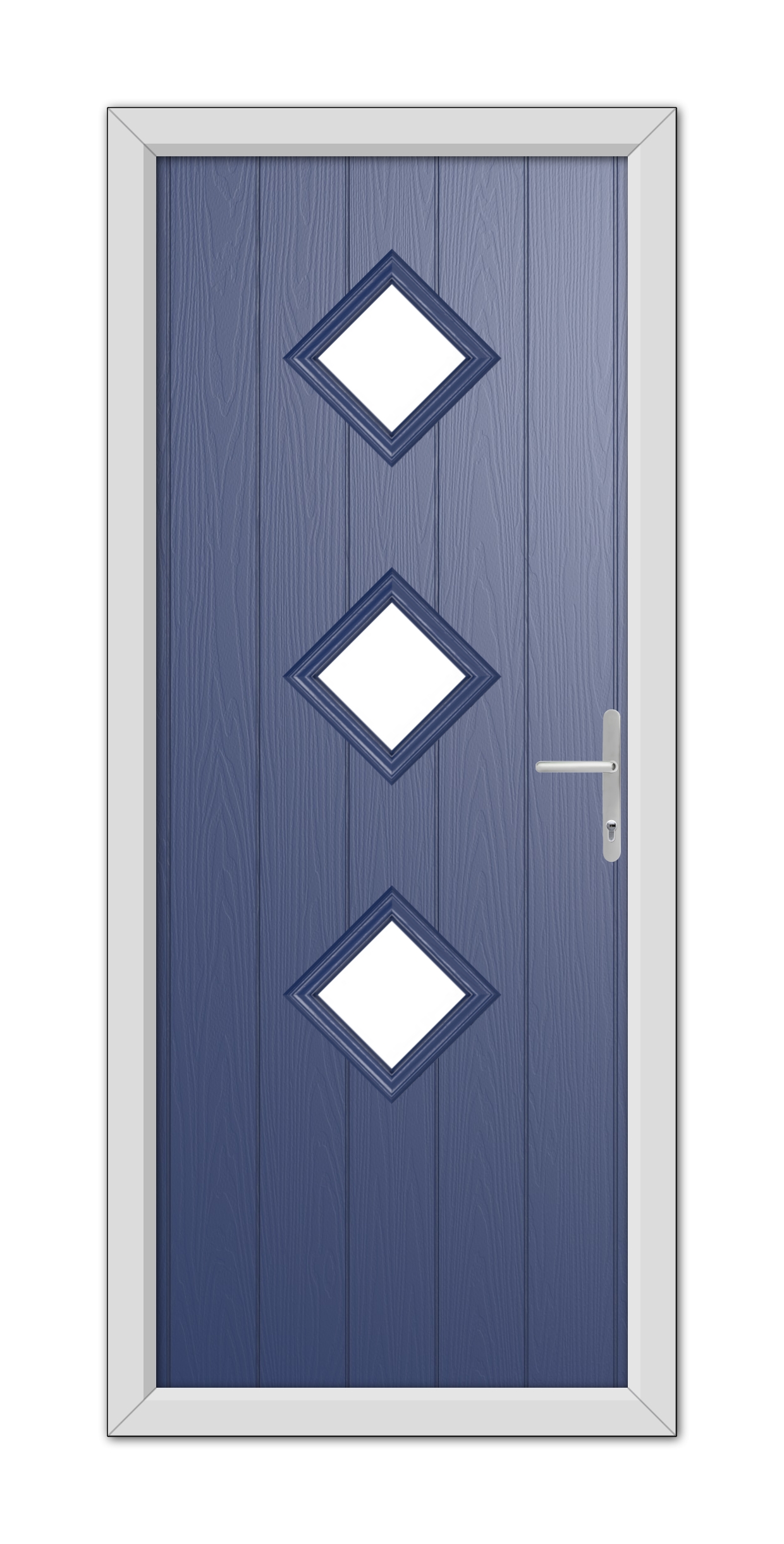 A Blue Richmond Composite Door 48mm Timber Core with three diamond-shaped windows and a silver handle, framed by a white door frame.