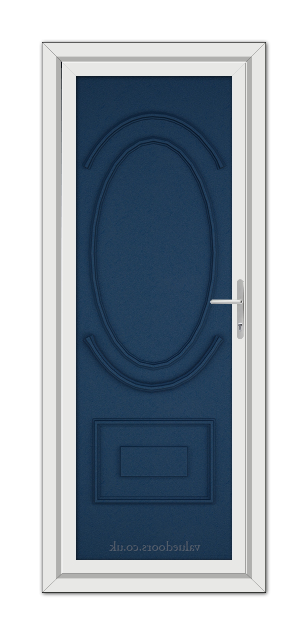 A vertical image of a Blue Richmond Solid uPVC Door with an oval glass panel and silver handle, set in a white frame.