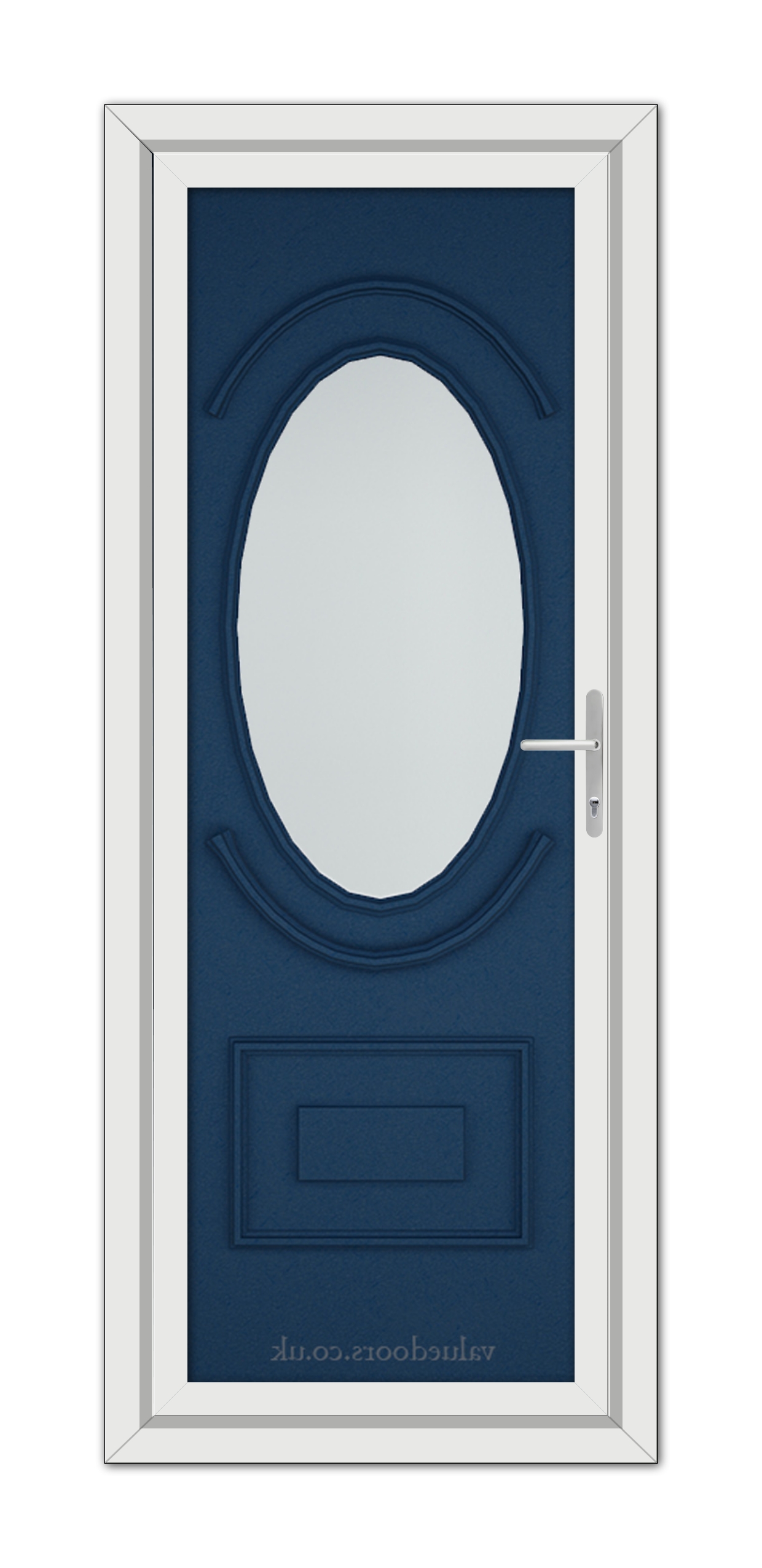 A vertical image of a closed, Blue Richmond uPVC Door with an oval window, set within a white frame, viewed from the front.