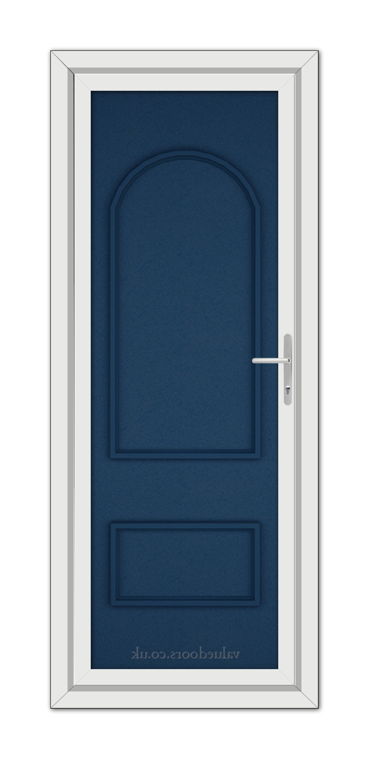 A closed Blue Rockingham Solid uPVC door with an arched top and two panels, set in a white frame, featuring a silver handle on the right side.