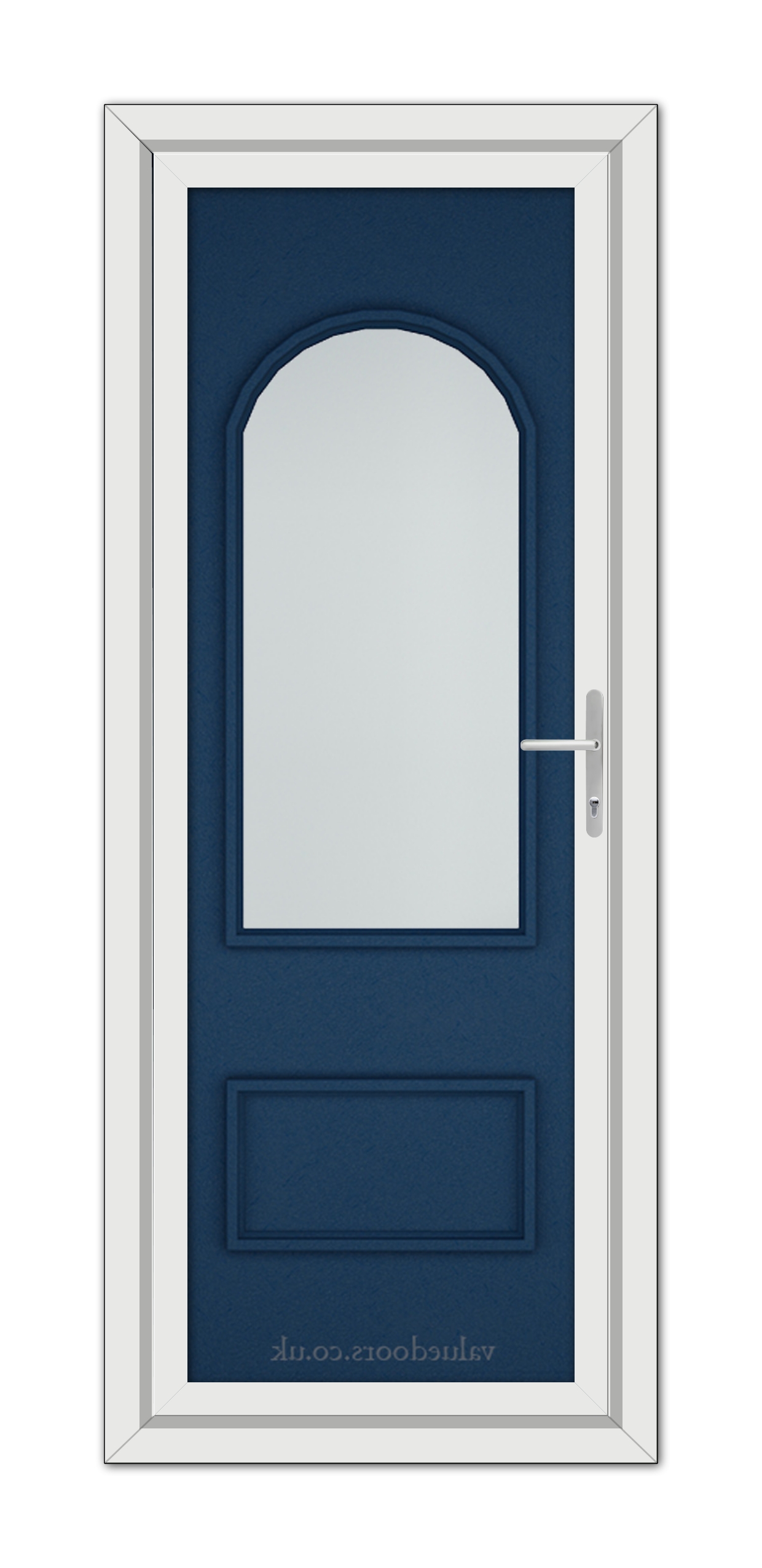 A vertical image of a Blue Rockingham uPVC Door with a white frame, featuring a tall, arched window and a metal handle on the right side.