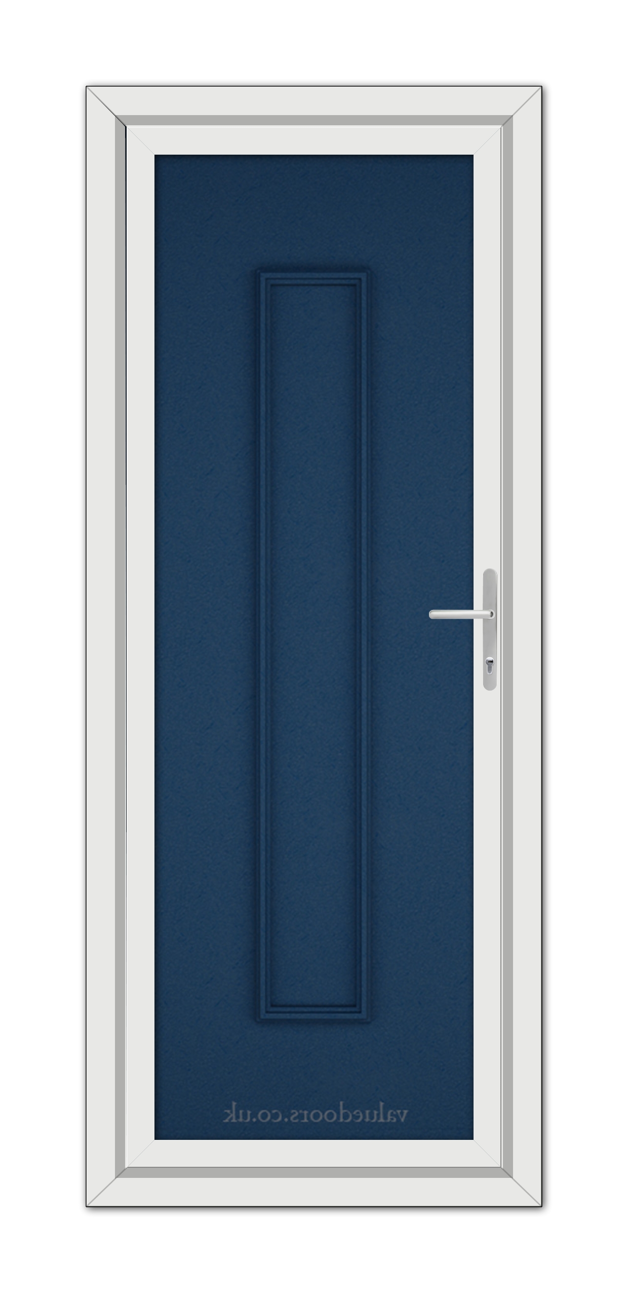 A vertical image of a closed Blue Rome Solid uPVC door within a white frame, featuring a slim rectangular panel and a metal handle on the right side.
