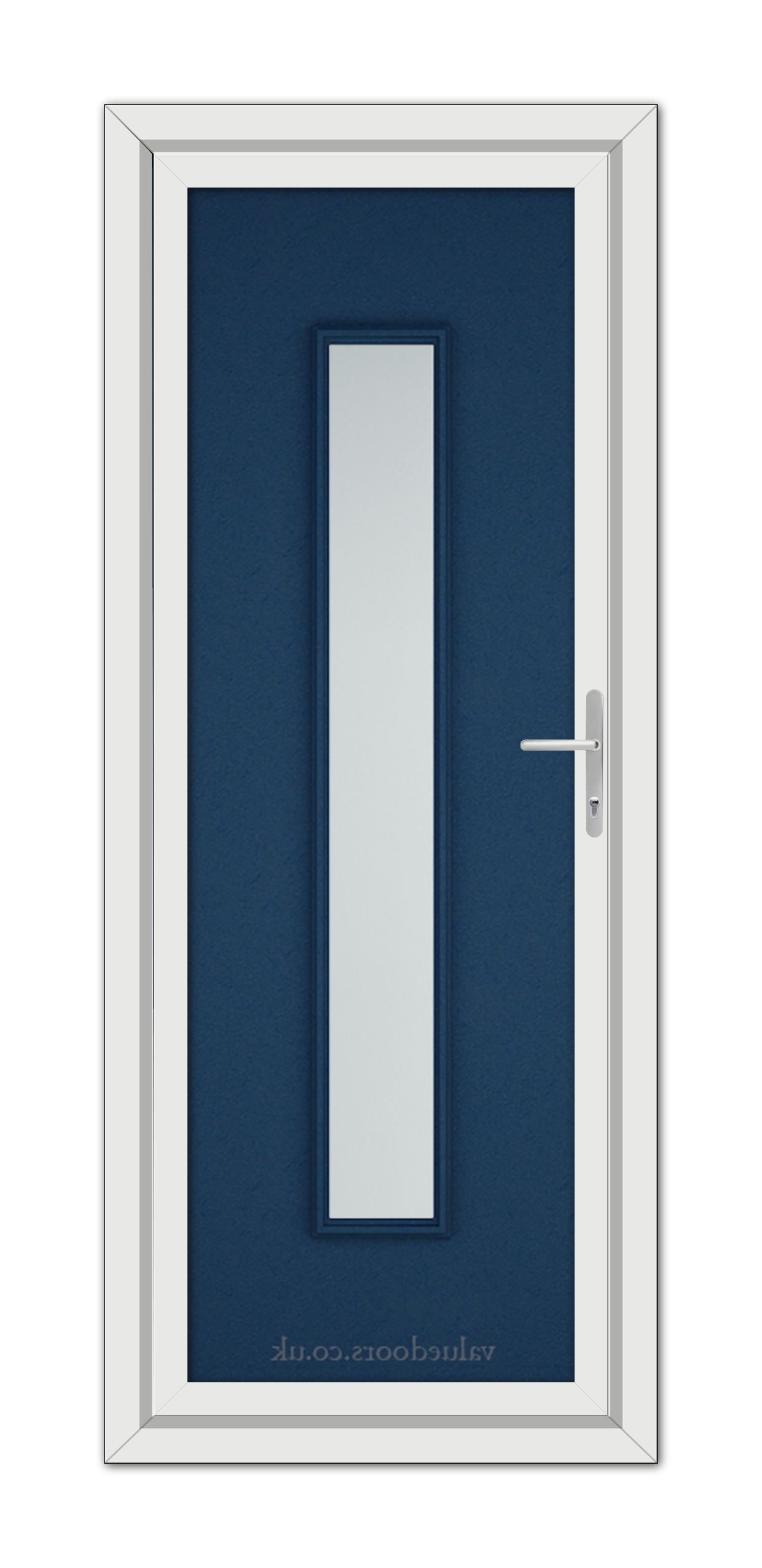 Modern Blue Rome uPVC Door with a vertical glass panel and a silver handle, set in a white frame.