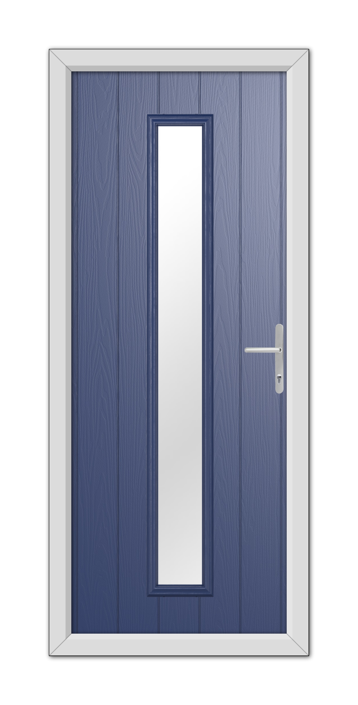 A Blue Rutland Composite Door 48mm Timber Core with a vertical handle, surrounded by a white frame, featuring a narrow rectangular window.