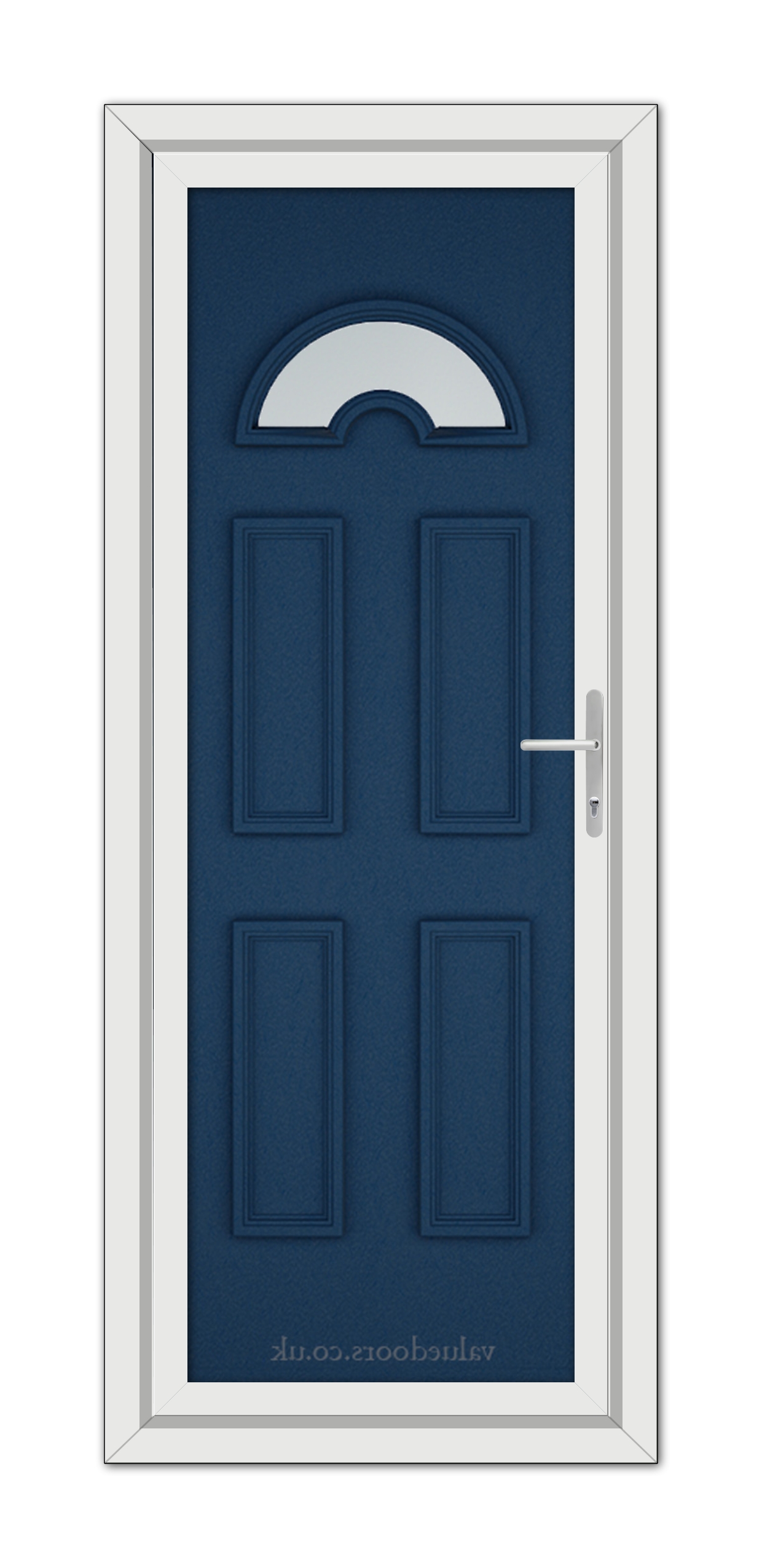 A vertical image of a closed, Blue Sandringham uPVC Door with a semicircular window at the top and a silver handle, set within a white frame.
