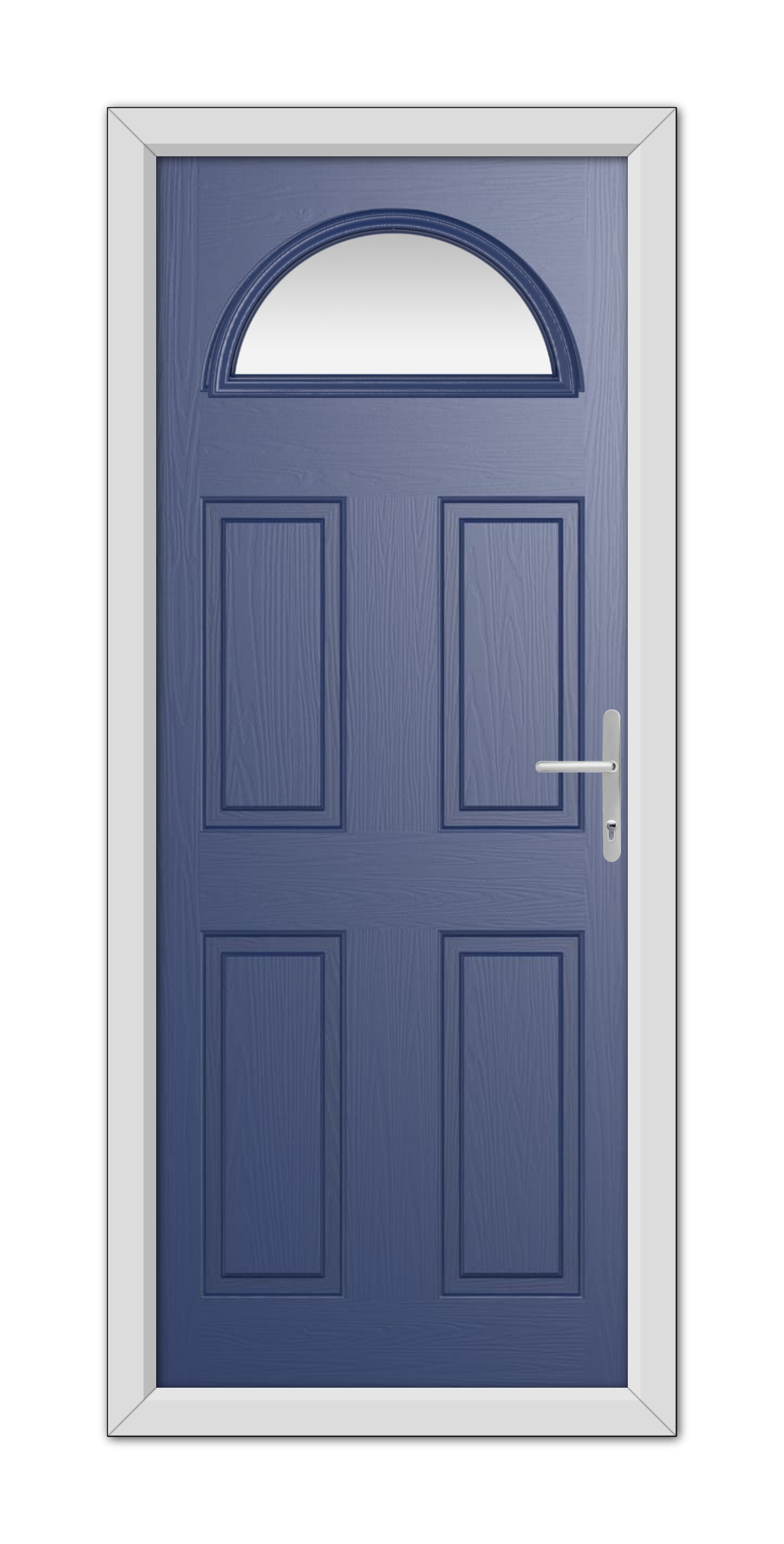 A Blue Seville Solid uPVC Door with six panels and a silver handle, featuring an arched window at the top, set within a white frame.