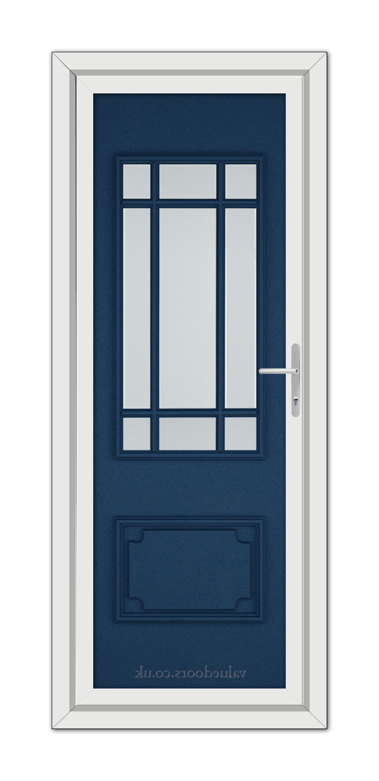 A vertical image of a modern Blue Seville uPVC Door with a vertical glass window at the top, surrounded by a white frame.