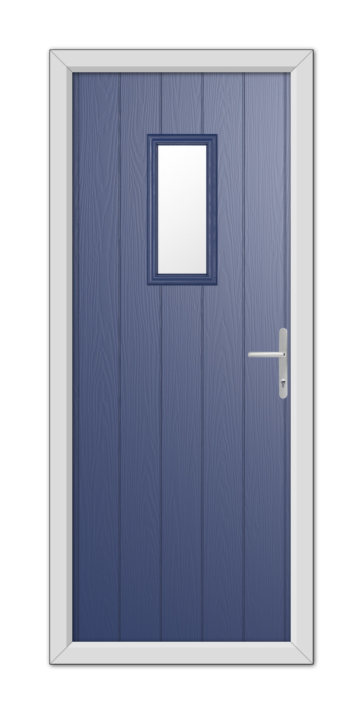 A Blue Somerset Composite Door 48mm Timber Core with a small square window and a silver handle, framed by a white door frame.