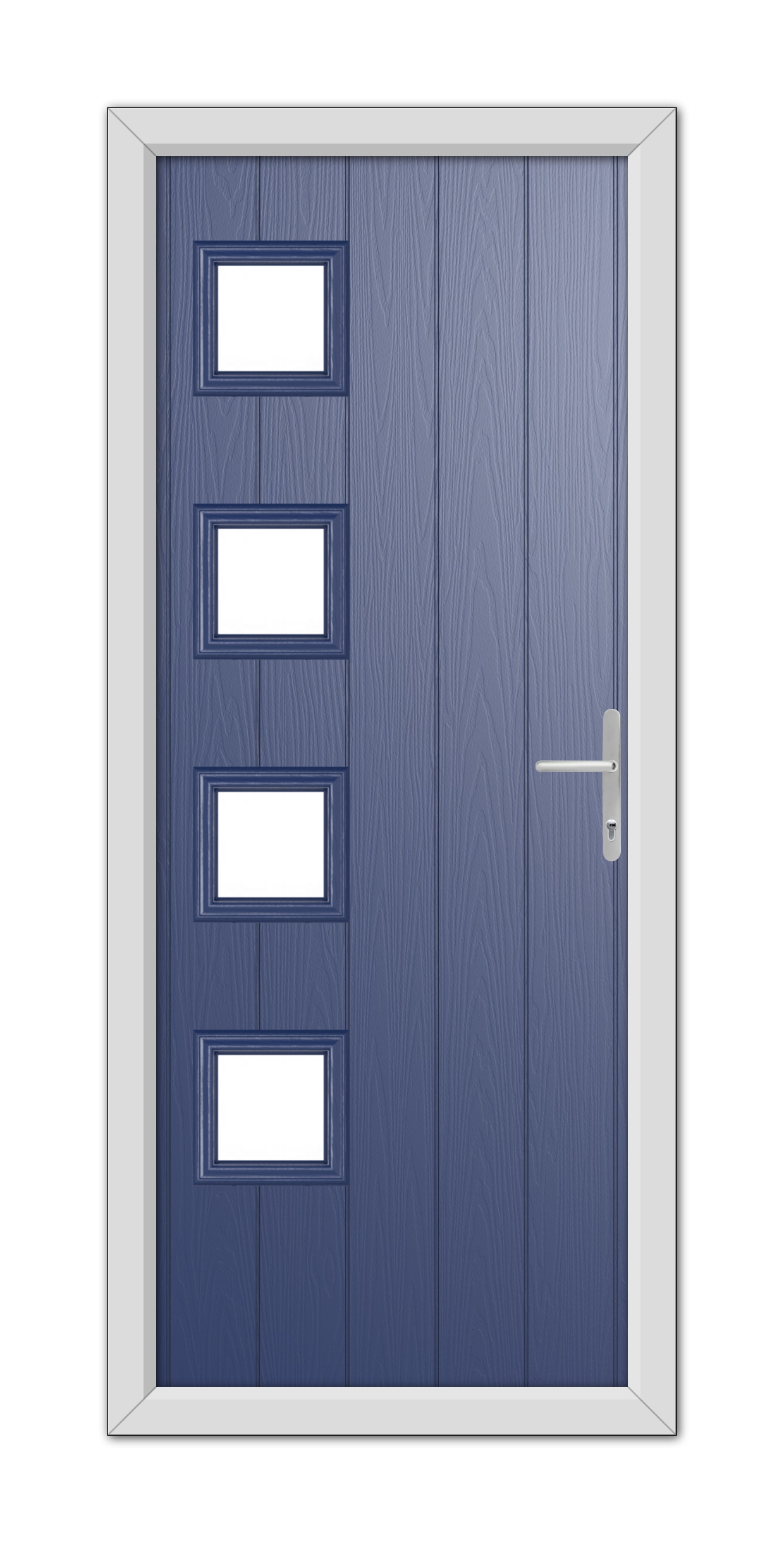 A modern Blue Sussex Composite Door 48mm Timber Core featuring four rectangular glass panels aligned vertically on the left side, with a silver handle on the right.
