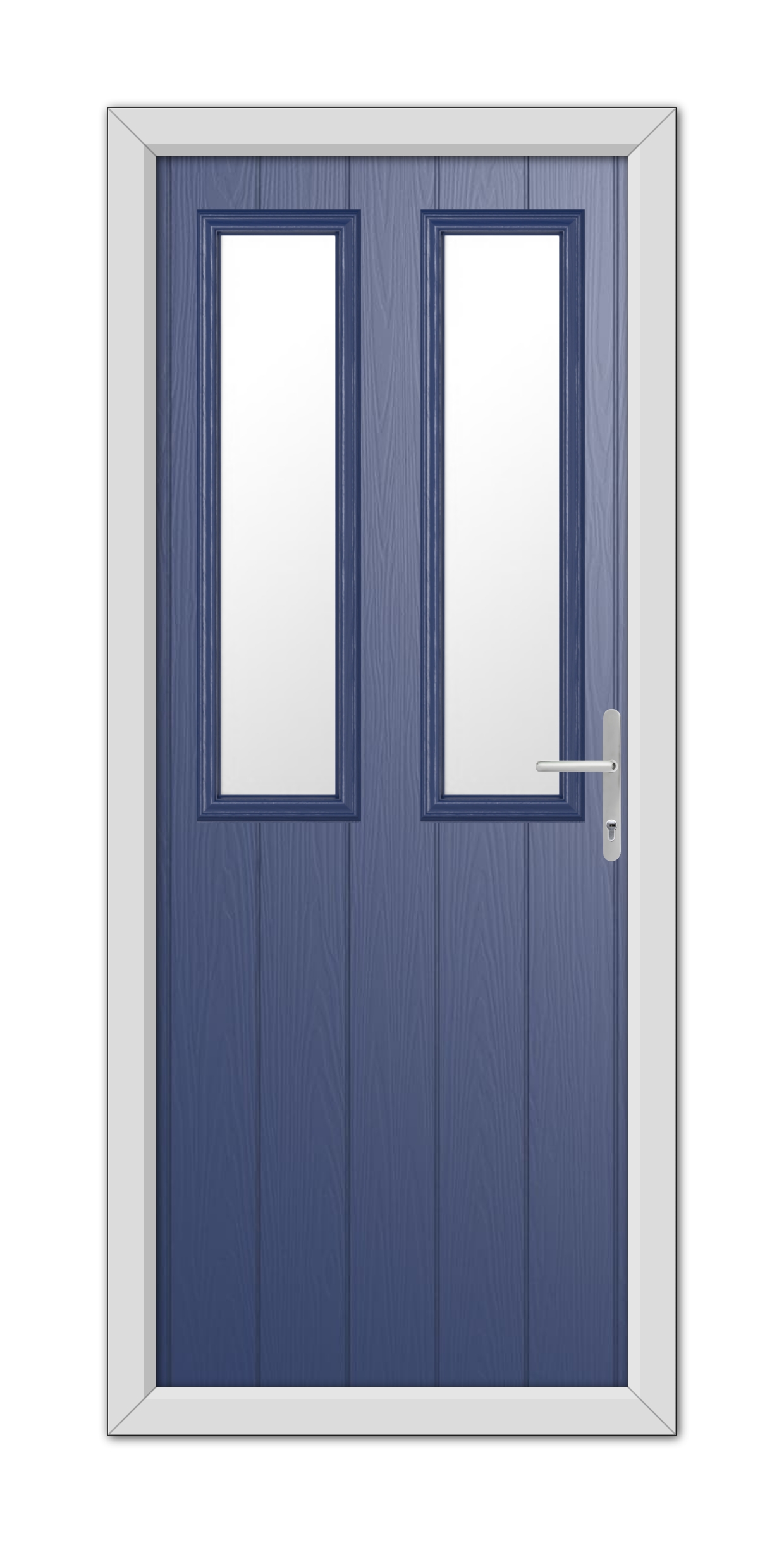 A Blue Wellington Composite Door 48mm Timber Core with white trim, featuring rectangular windows on each door and a modern handle on the right.