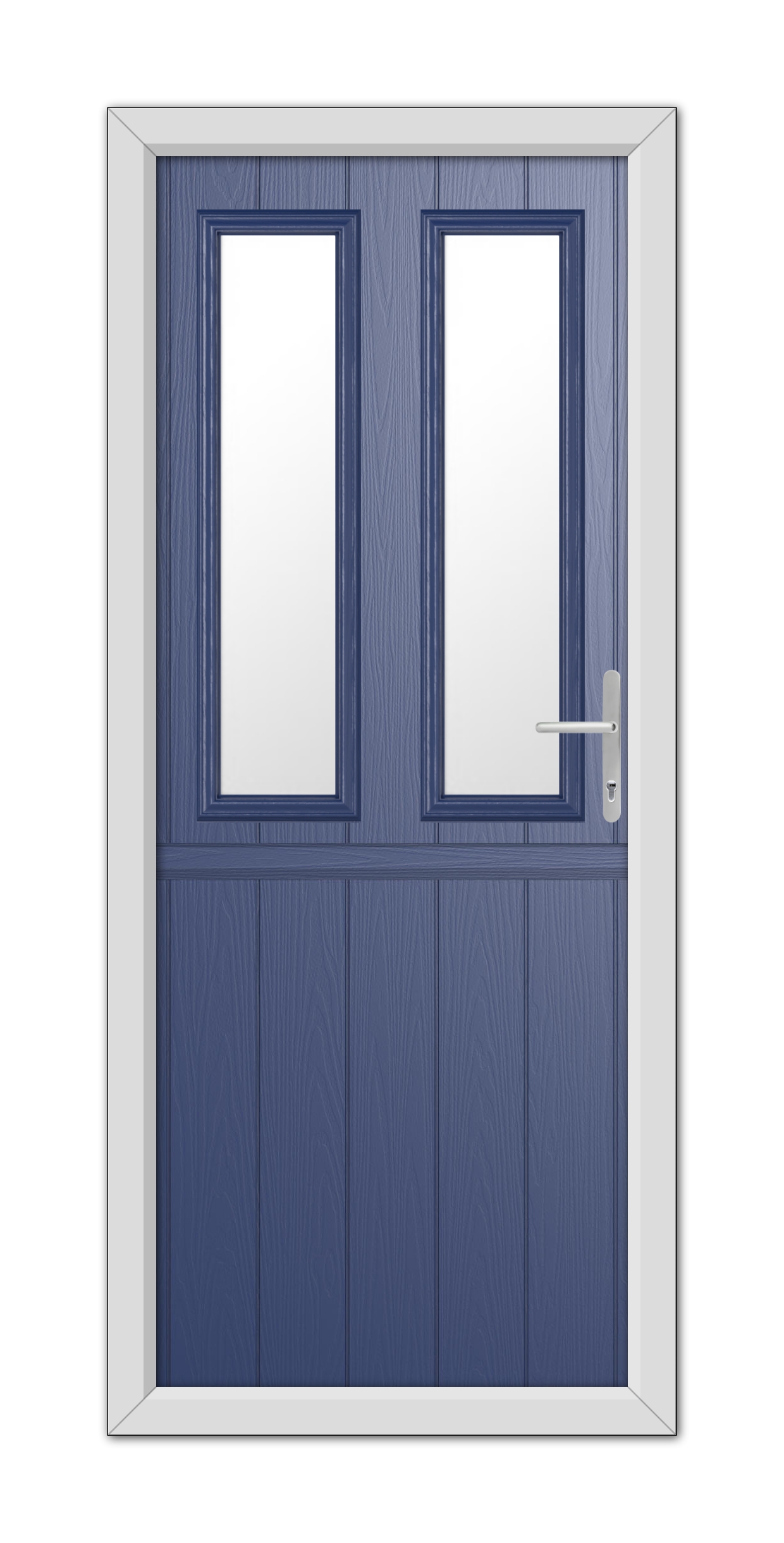 A Blue Wellington Stable Composite Door 48mm Timber Core with a deep blue finish, featuring upper windows, a white frame, and a modern handle on the right side.