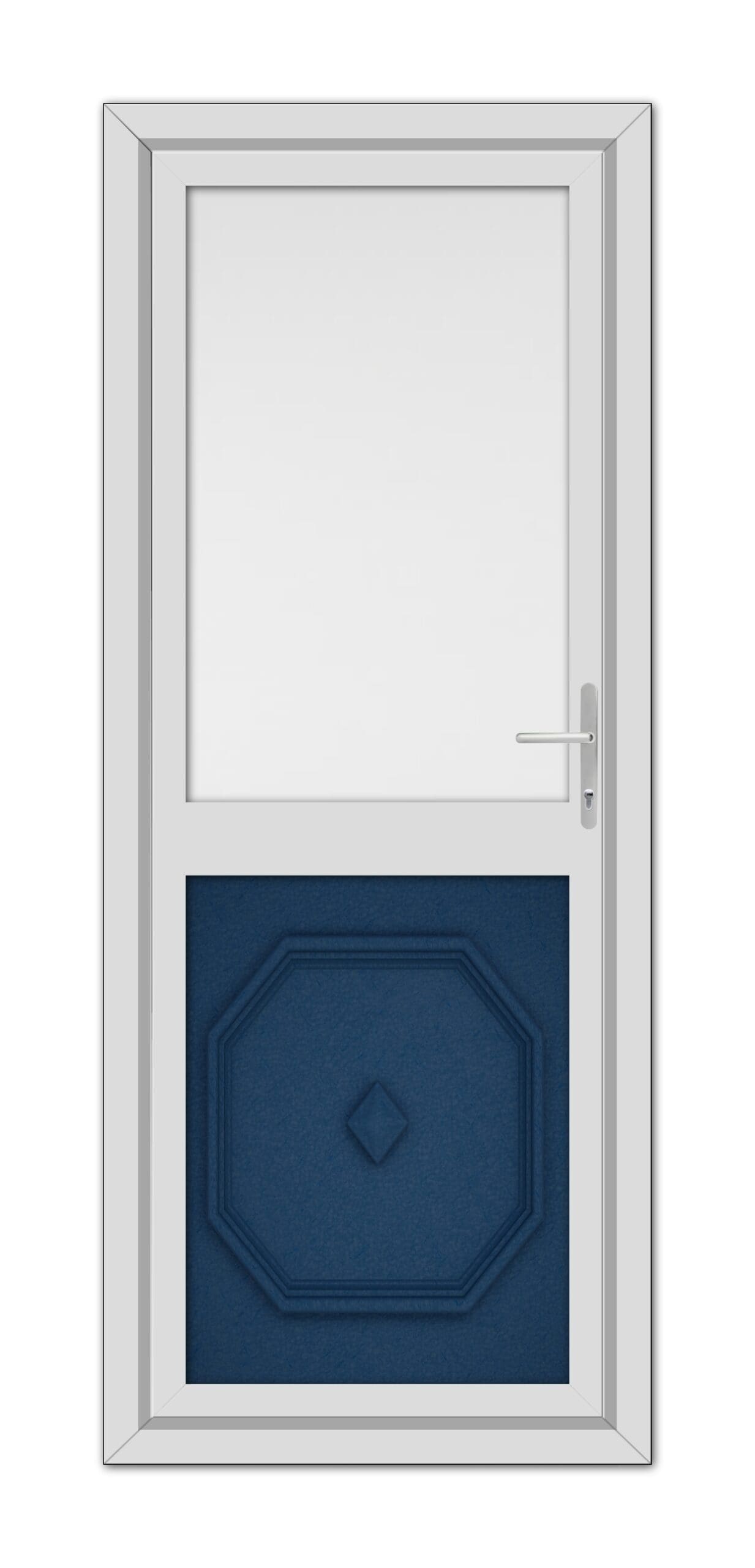 A modern Blue Westminster Half uPVC Back Door with a white frame and a blue lower panel featuring an octagonal design, complete with a silver handle.