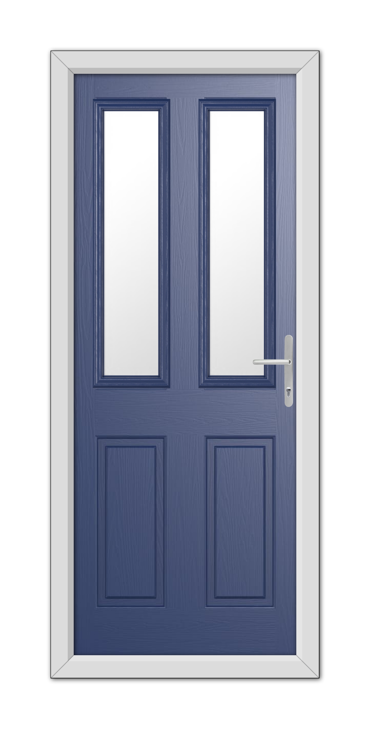 Double Blue Whitmore Composite Doors with rectangular windows and a modern white handle, set within a white frame, isolated on a white background.
