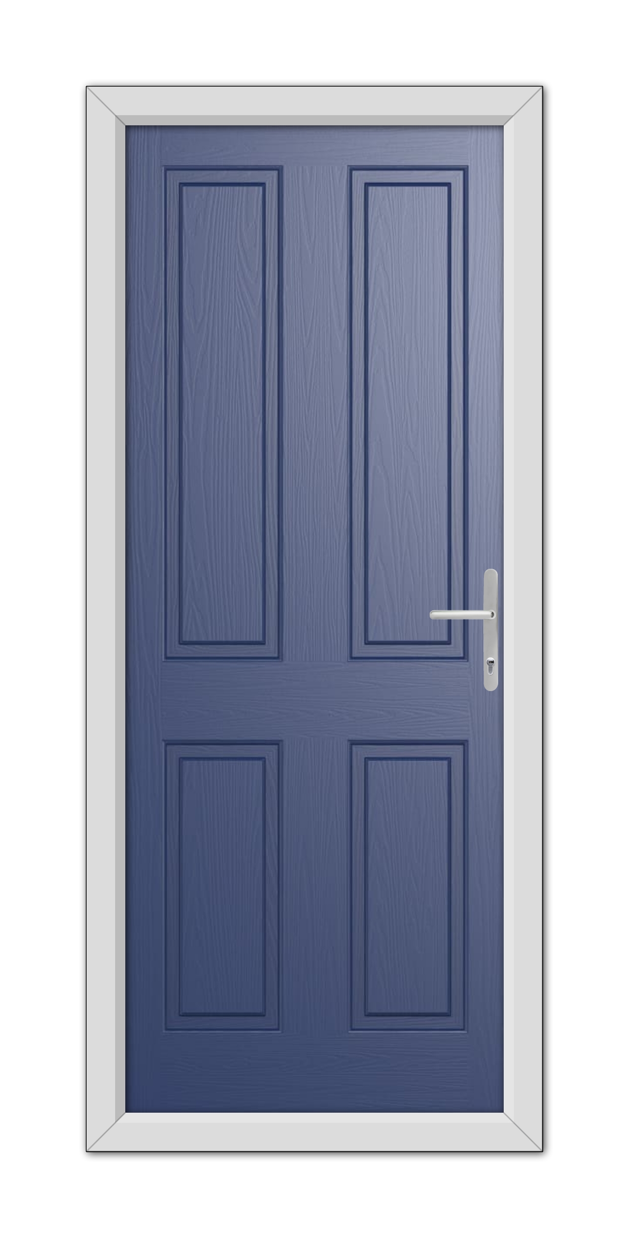 A modern, Blue Whitmore Solid Composite Door 48mm Timber Core with a white frame and a metal handle, isolated on a white background.