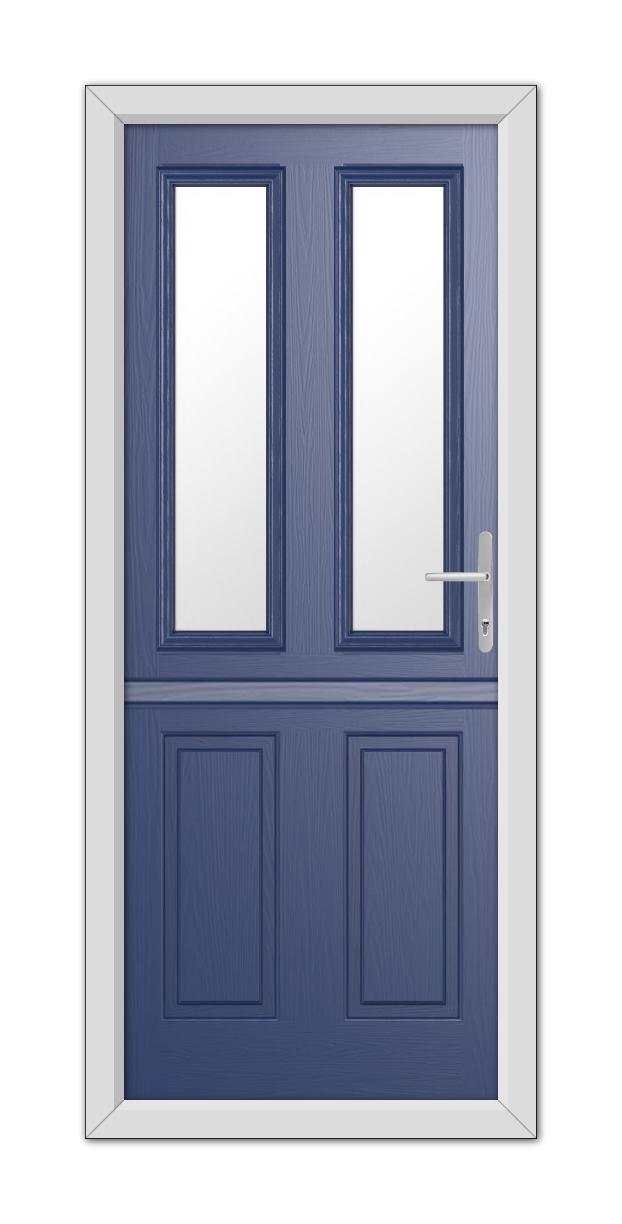 A modern Blue Whitmore Stable Composite Door 48mm Timber Core featuring two vertical glass panels and a silver handle, set within a white frame.
