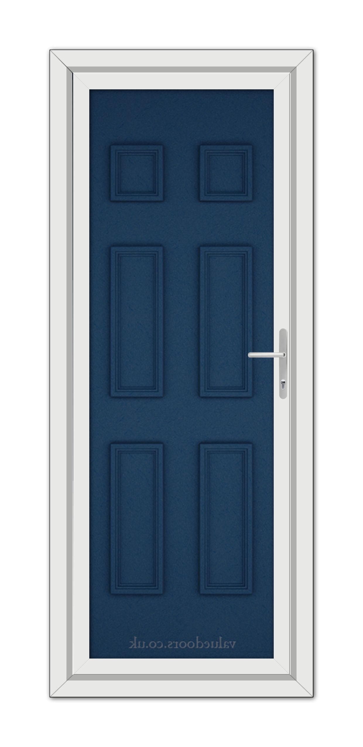 A Blue Windsor Solid uPVC Door with six panels and a silver handle, framed by a white door frame.