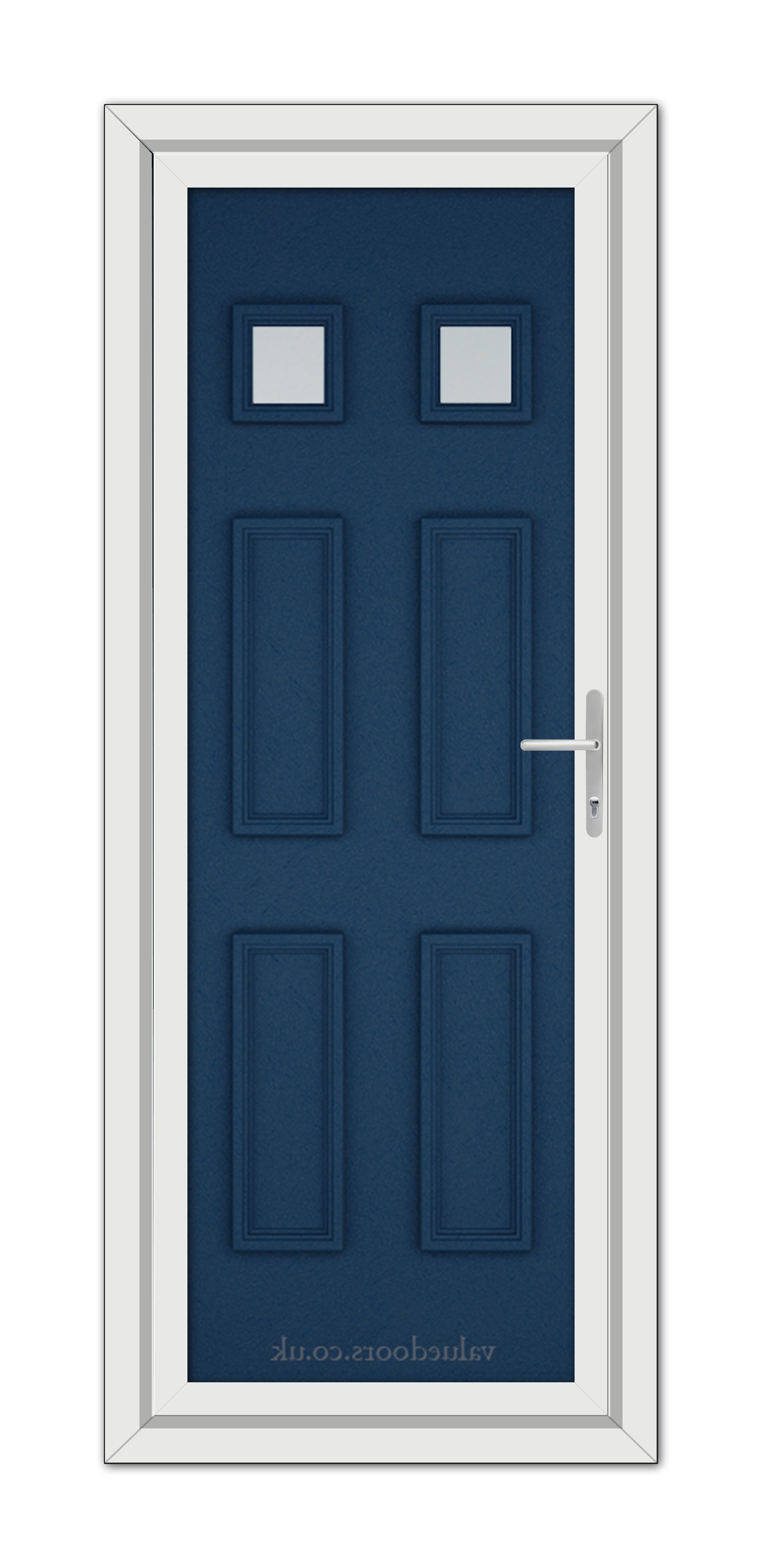 A modern Blue Windsor uPVC Door with two small rectangular windows at the top and a silver handle, set within a white door frame.