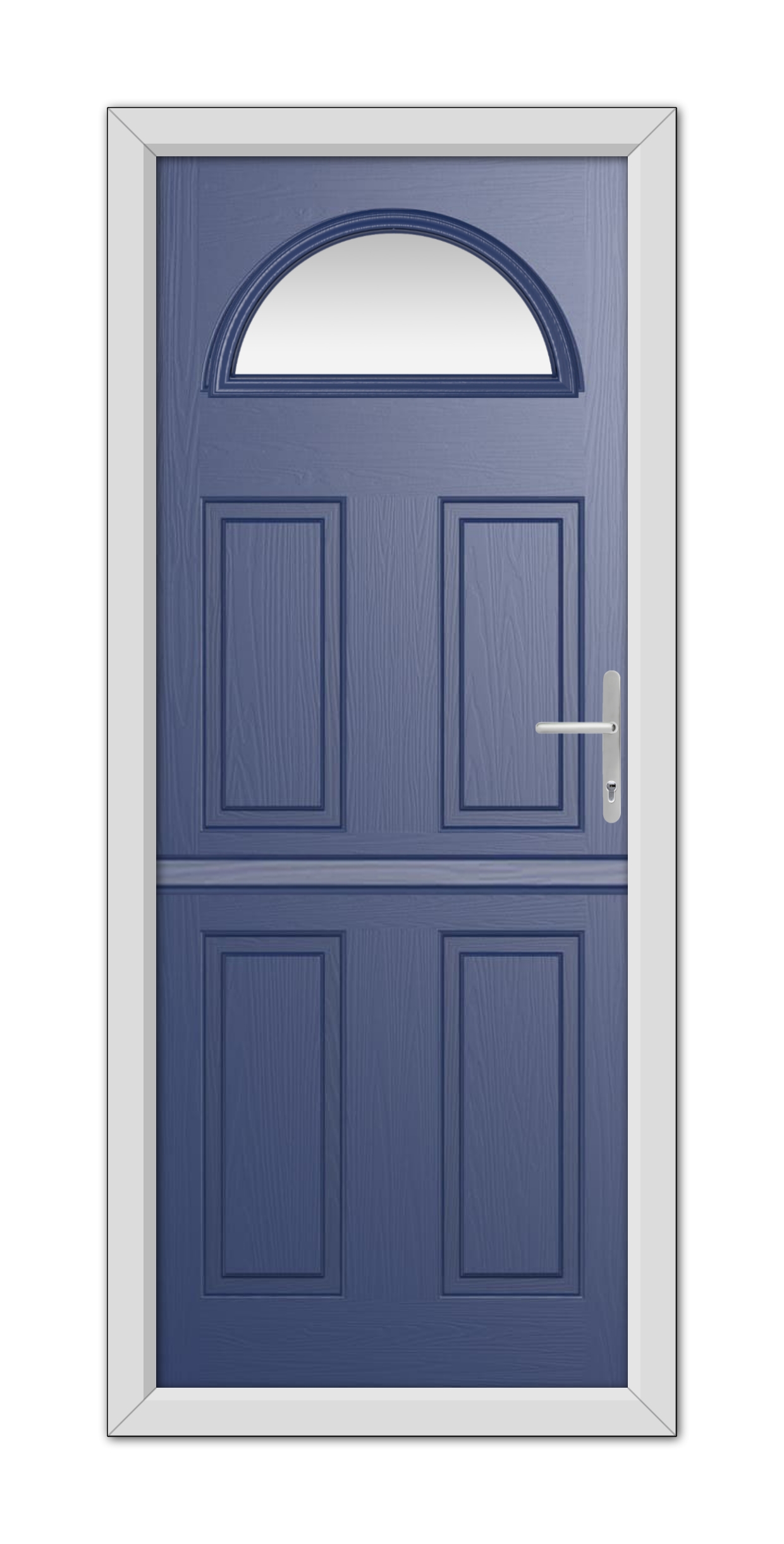 A Blue Winslow 1 Stable Composite Door 48mm Timber Core with six panels and an arched window at the top, set in a white frame, equipped with a modern handle.