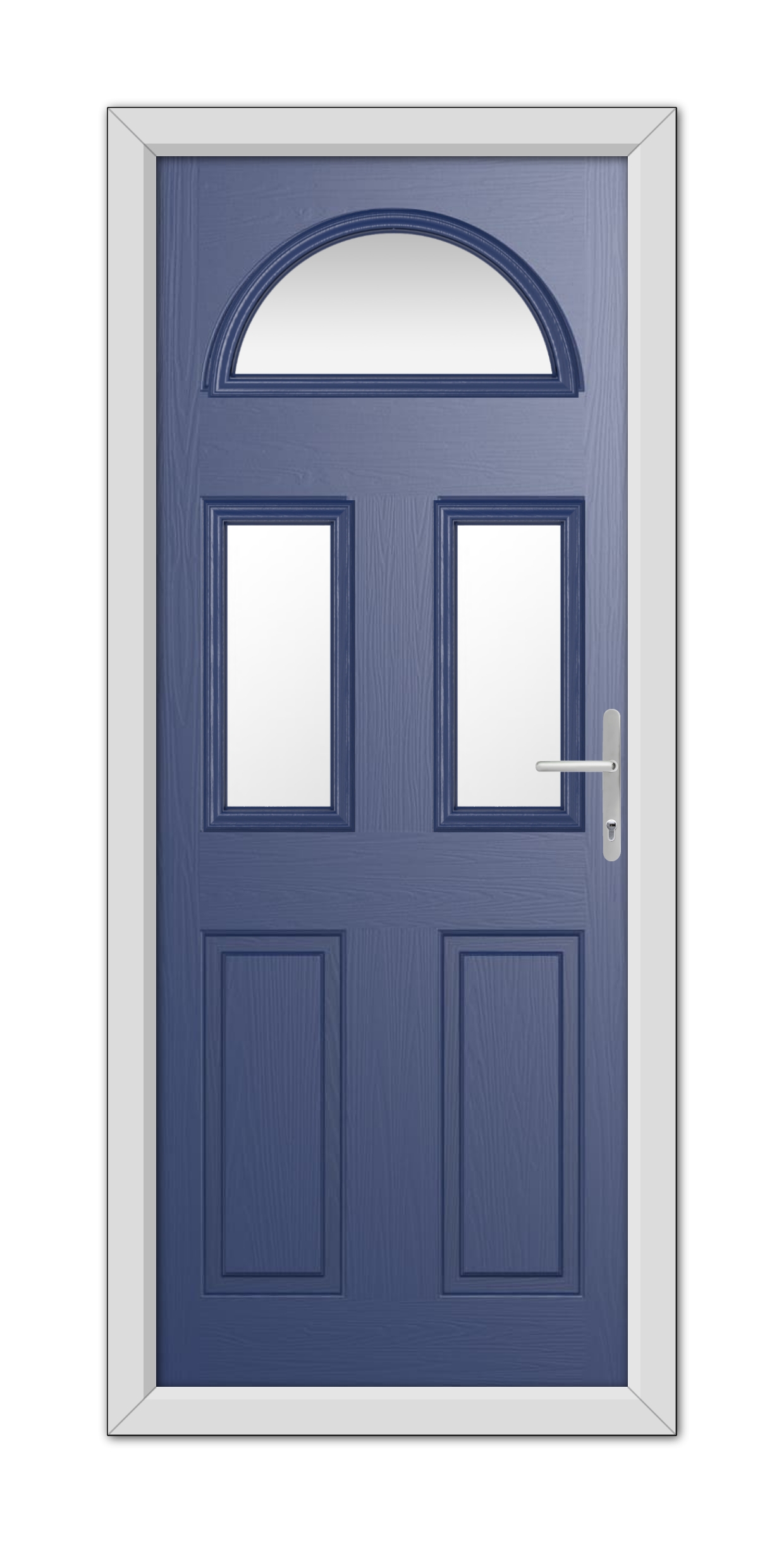 A modern Blue Winslow 3 Composite Door 48mm Timber Core with two panels, each featuring a top window, set within a white frame and equipped with a silver handle.