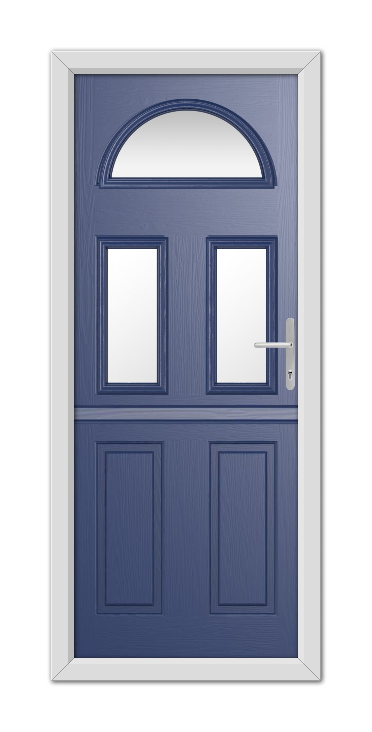A Blue Winslow 3 Stable Composite Door 48mm Timber Core with white trim, rectangular and arched window panels, and a modern handle, set in a white door frame.