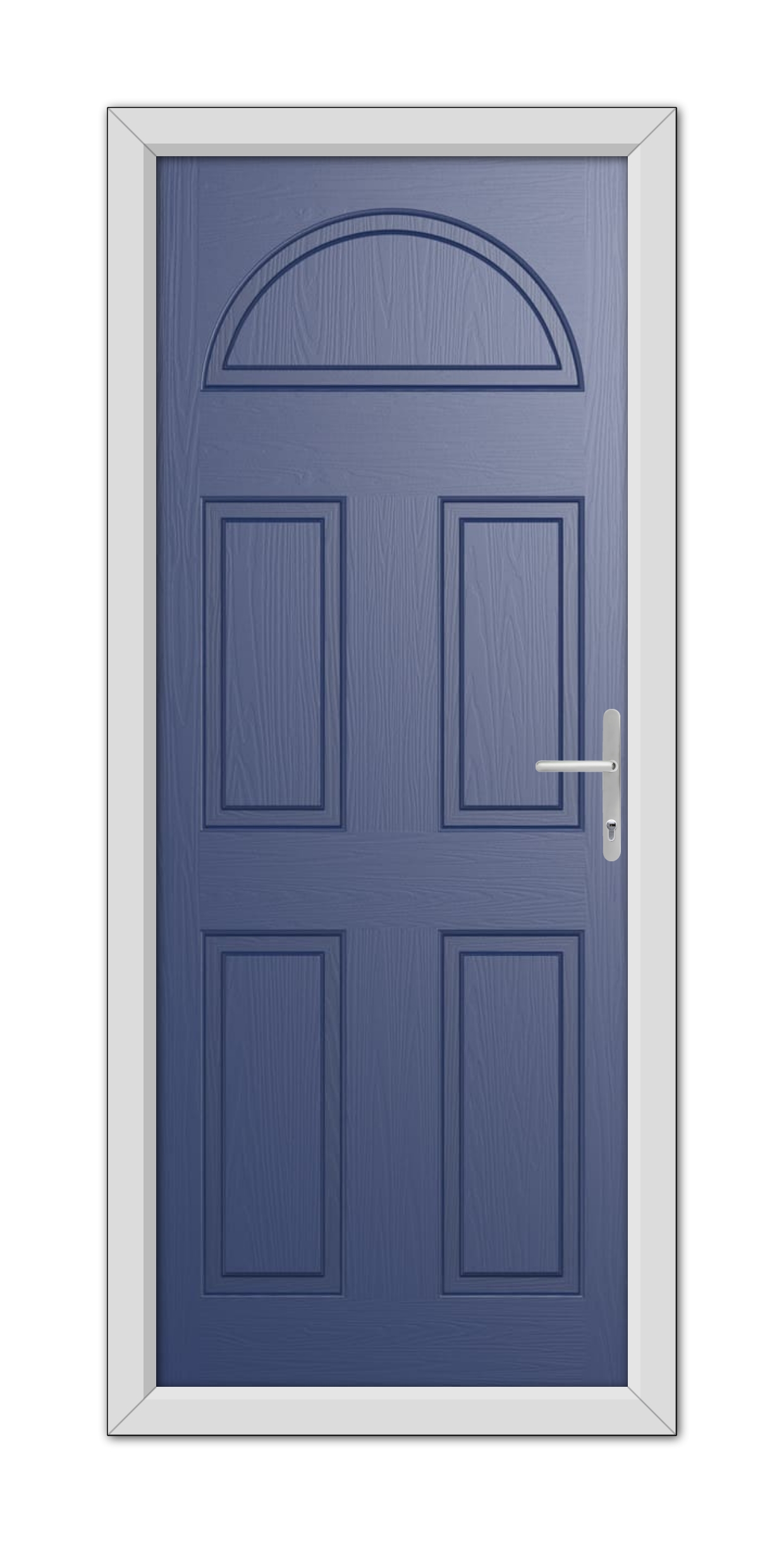 A Blue Winslow Solid Composite Door 48mm Timber Core with six panels and an arched window at the top, framed in white, featuring a modern handle on the left side.