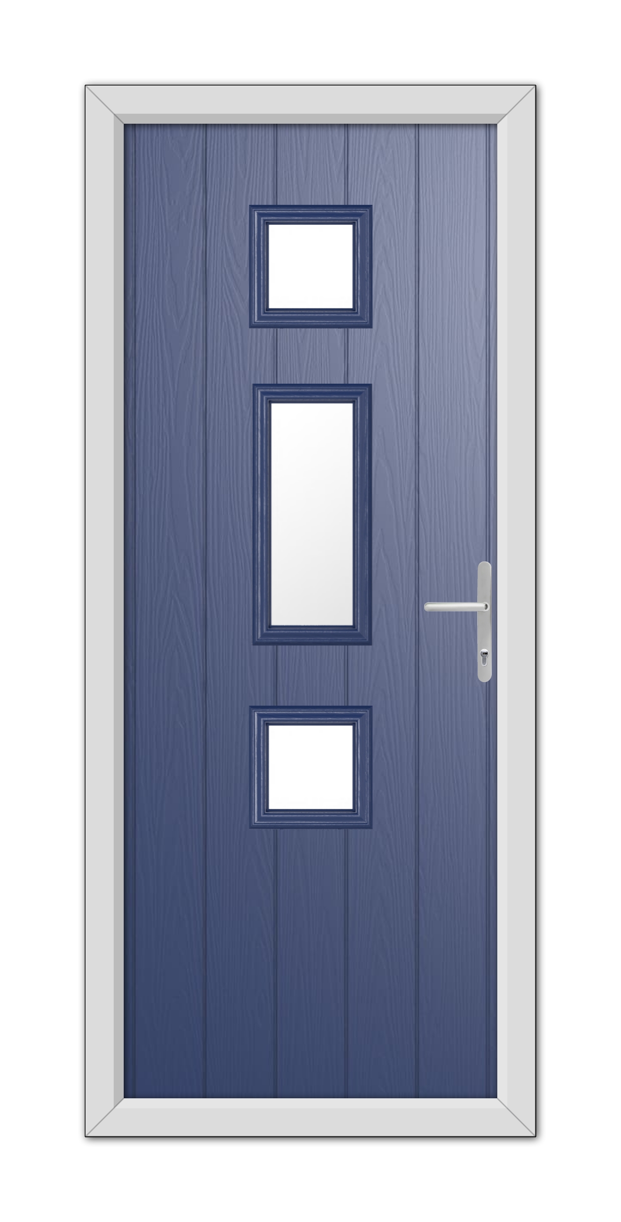 A Blue York Composite Door 48mm Timber Core with three rectangular glass panels and a silver handle, set within a white frame.