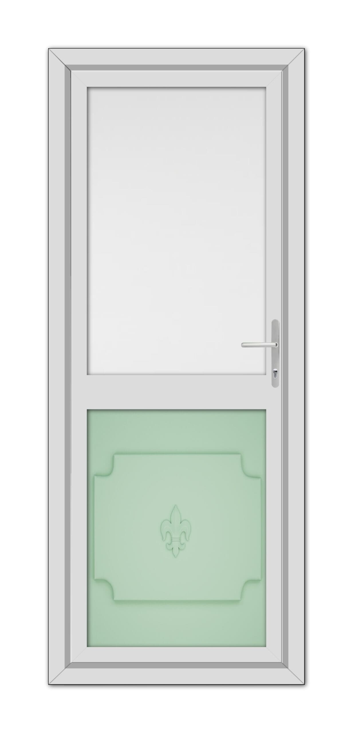 A modern Chartwell Green Abbey Half uPVC Back Door with a lower mint green panel featuring a white fleur-de-lis design, and a silver handle on the right side.