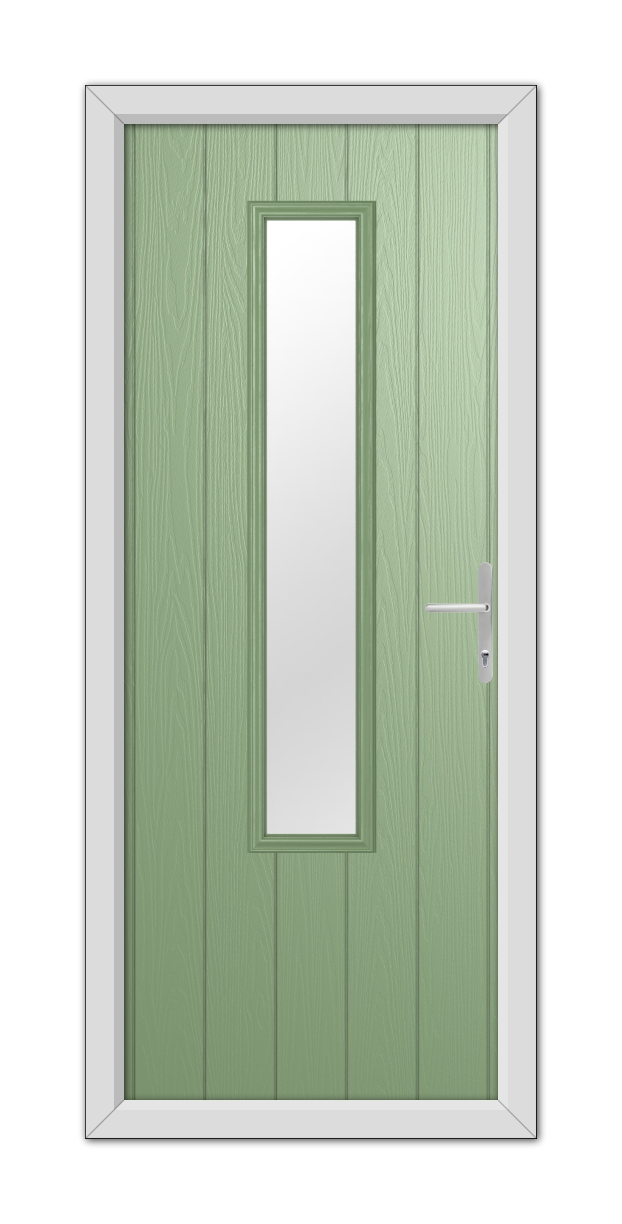 A Chartwell Green Abercorn Composite door 48mm Timber Core with a vertical glass panel and a silver handle, set within a white door frame.