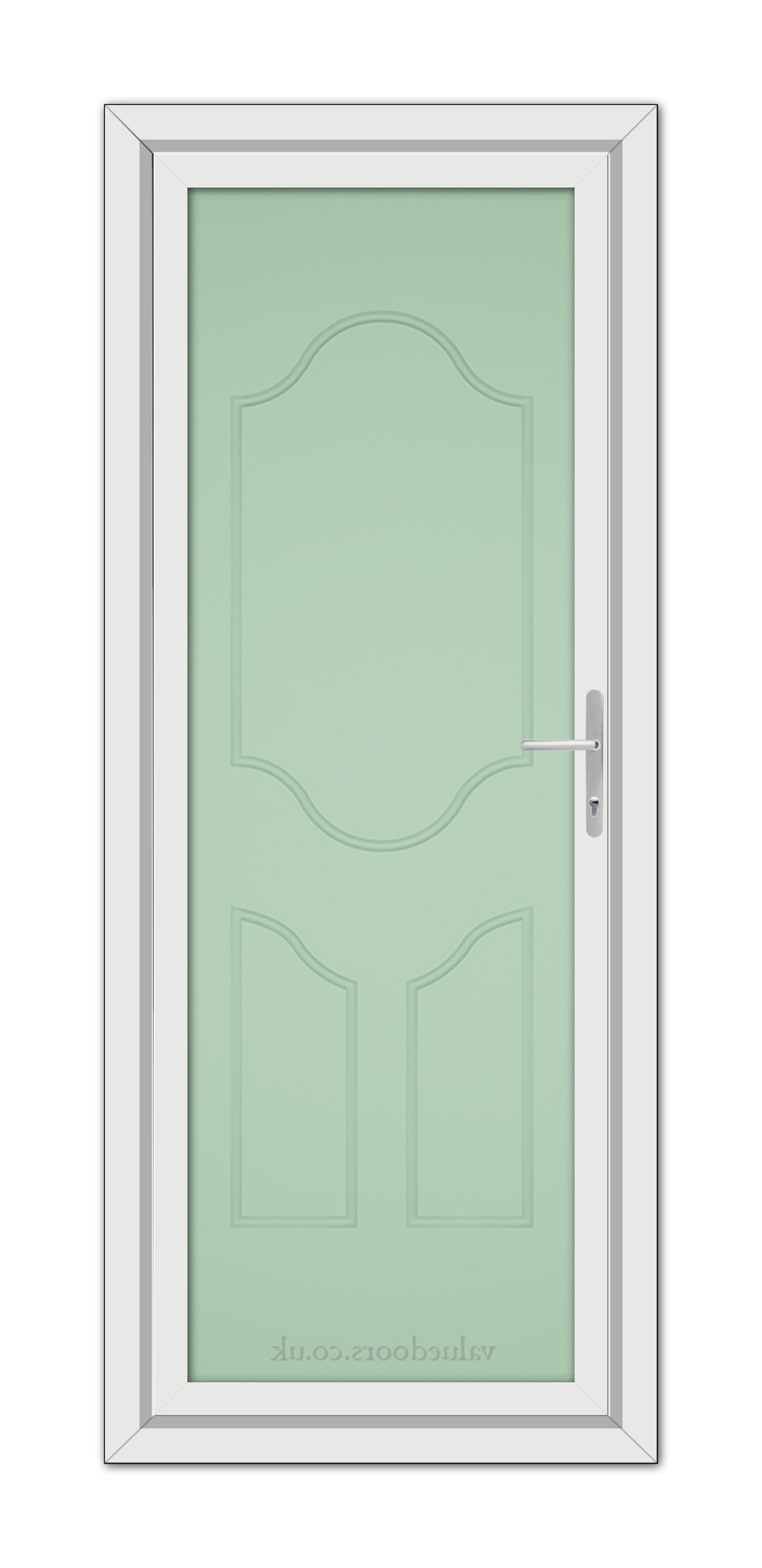 A white Chartwell Green Althorpe Solid uPVC Door with a green door handle.