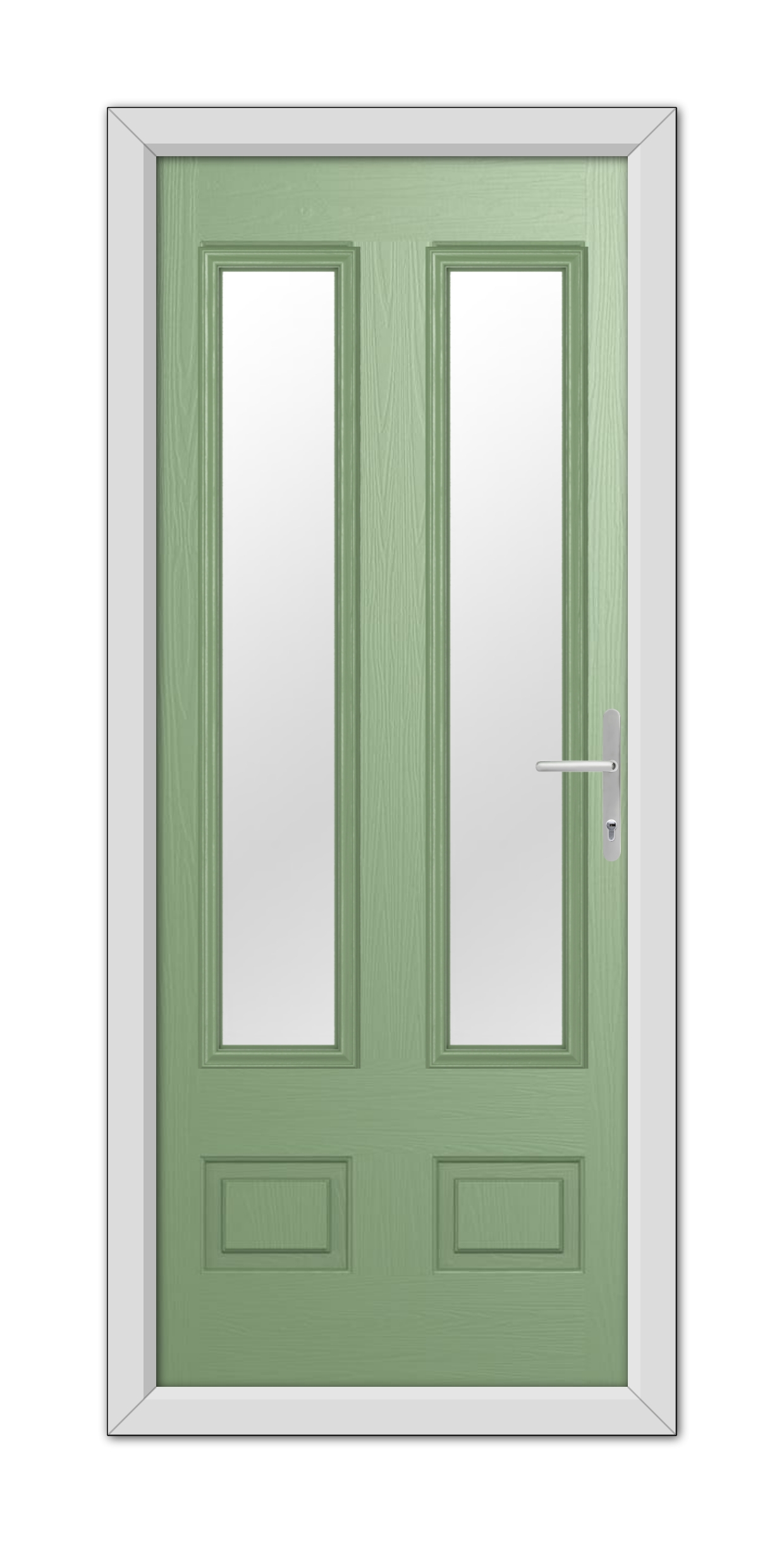 A Chartwell Green Aston Glazed 2 Composite Door 48mm Timber Core with rectangular glass panels and a silver handle, set within a white frame.