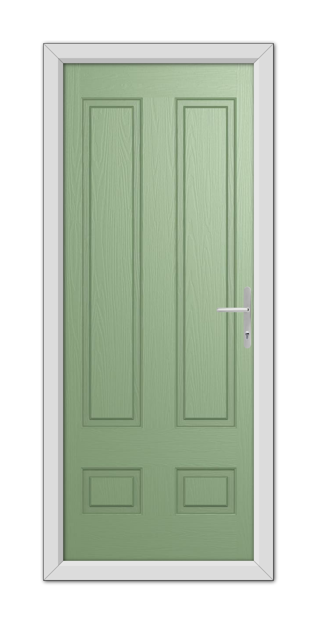 A Chartwell Green Aston Solid Composite Door 48mm Timber Core with a silver handle, set within a white frame, isolated on a white background.