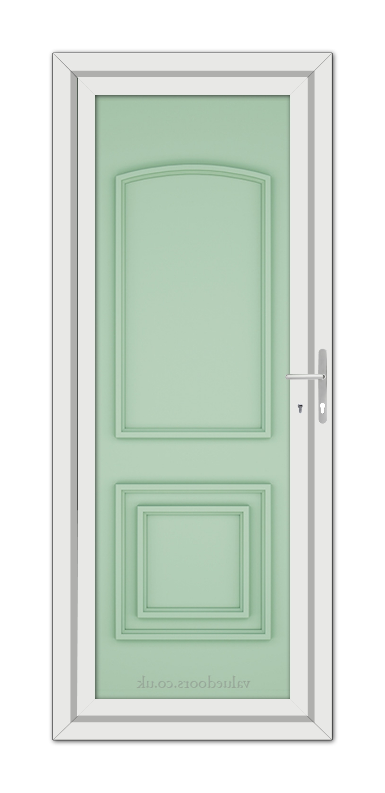 A close-up of a Chartwell Green Balmoral Classic Solid uPVC Door.