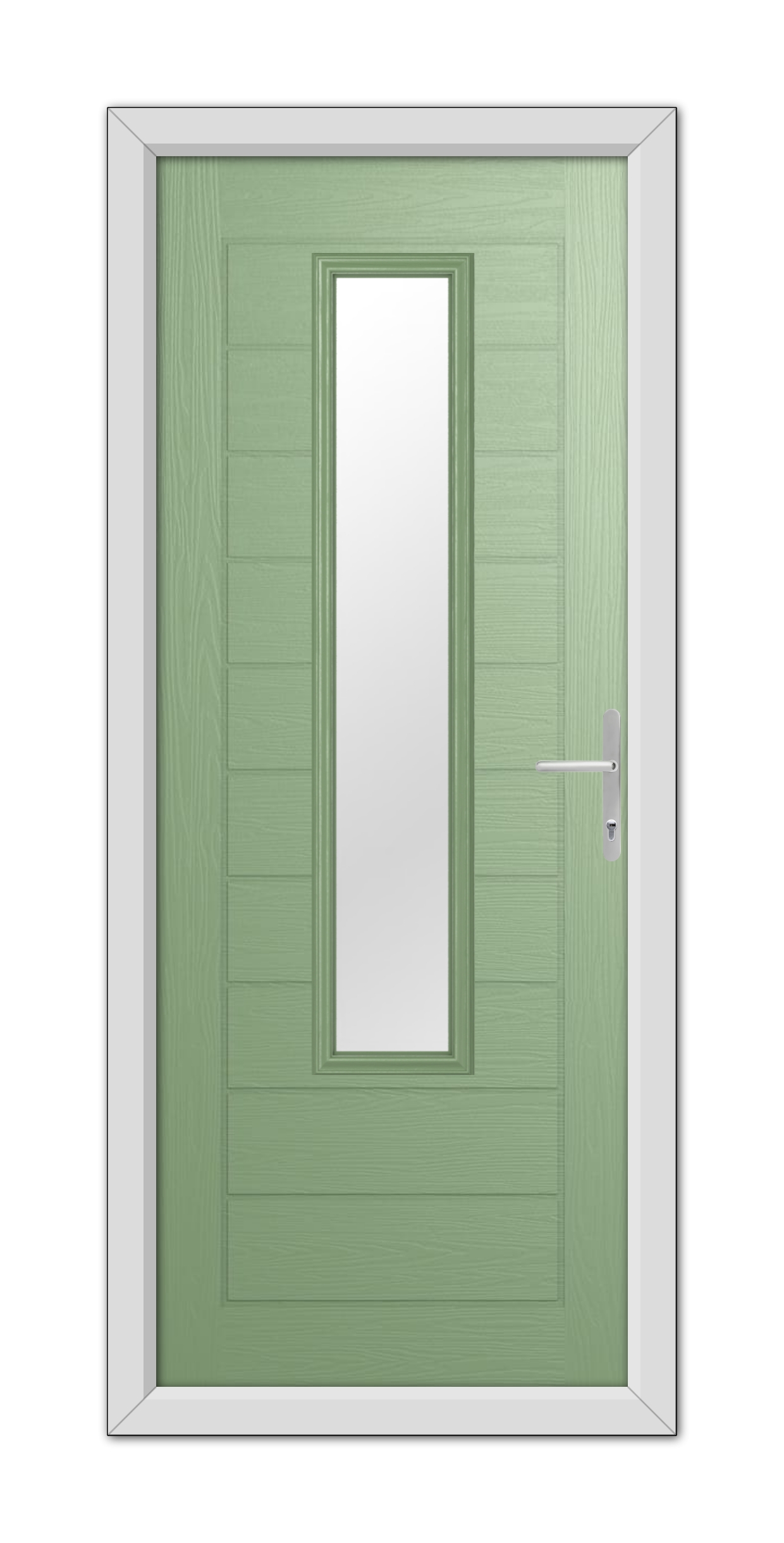 A Chartwell Green Bedford Composite Door 48mm Timber Core with a vertical rectangular glass panel and a white handle, set within a white frame.