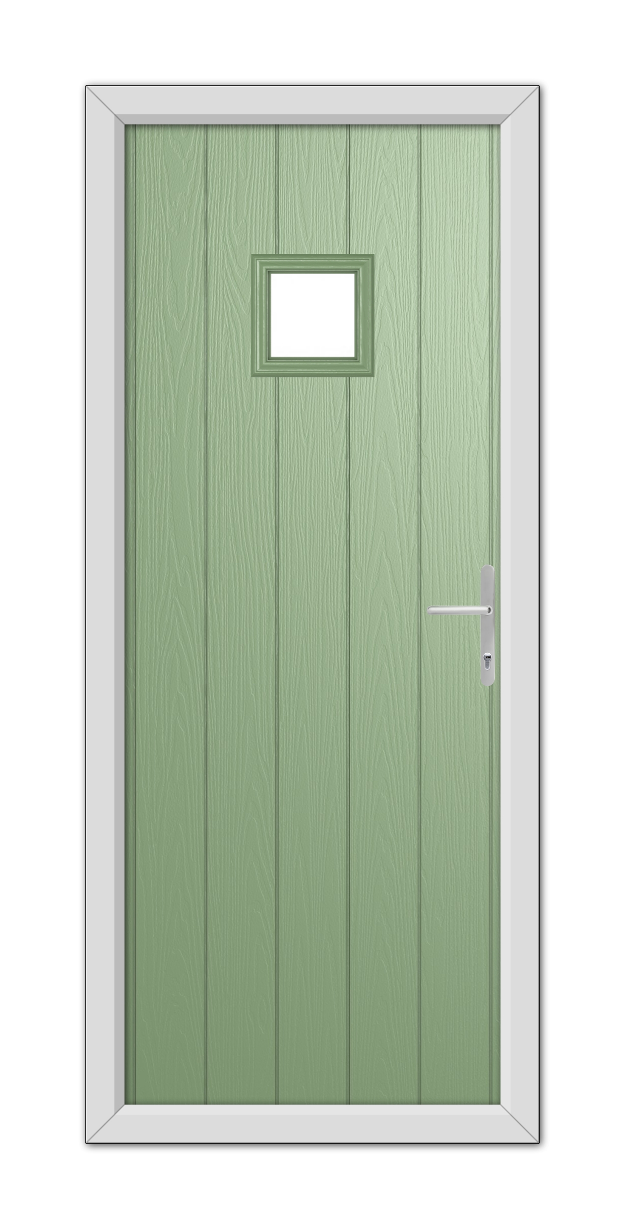 A Chartwell Green Brampton Composite Door 48mm Timber Core with a small square window, framed in white, featuring a modern handle on the right side.