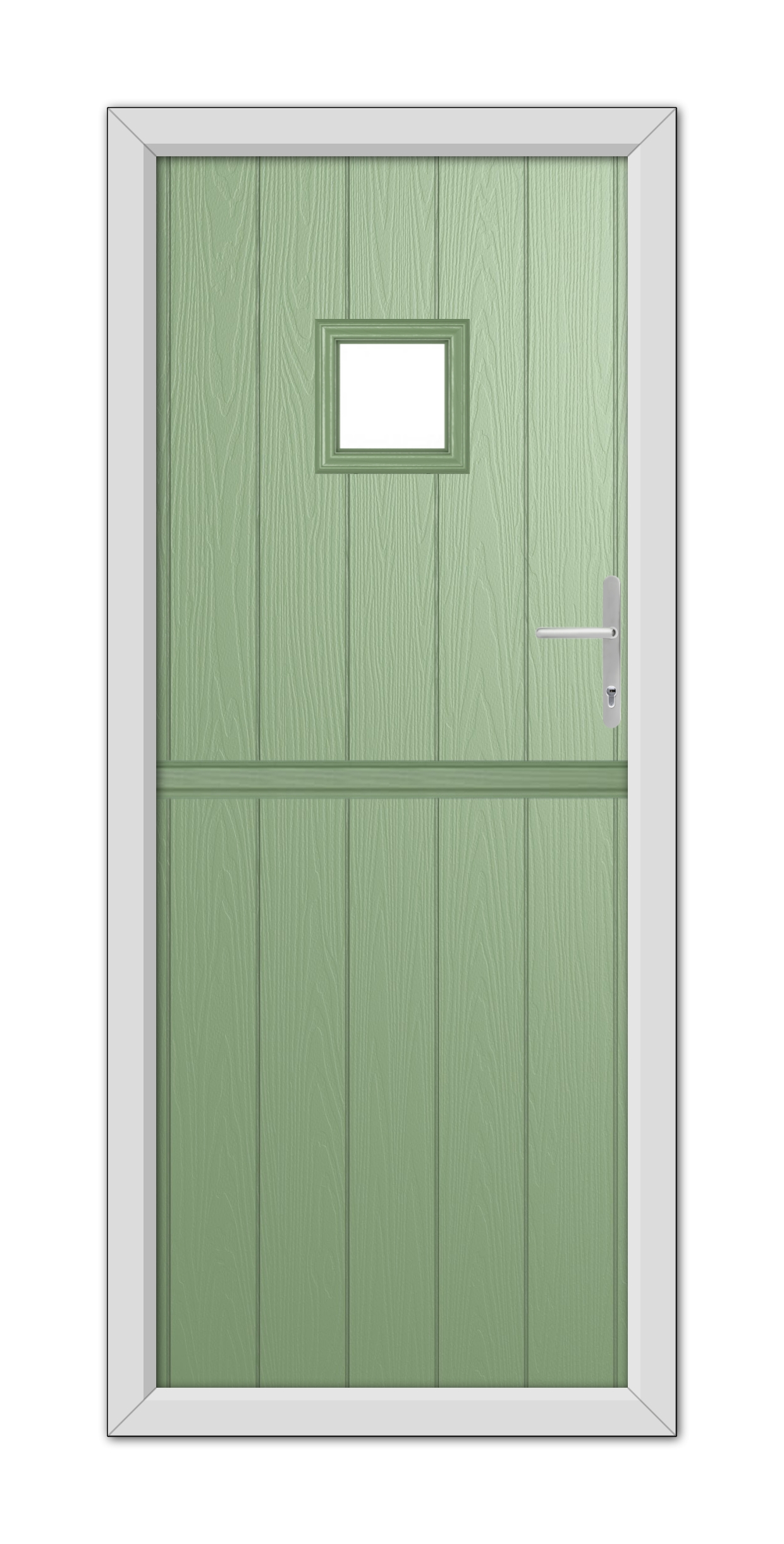 A Chartwell Green Brampton Stable Composite Door 48mm Timber Core with a small square window at the top, featuring a modern handle on the right side, set within a white frame.