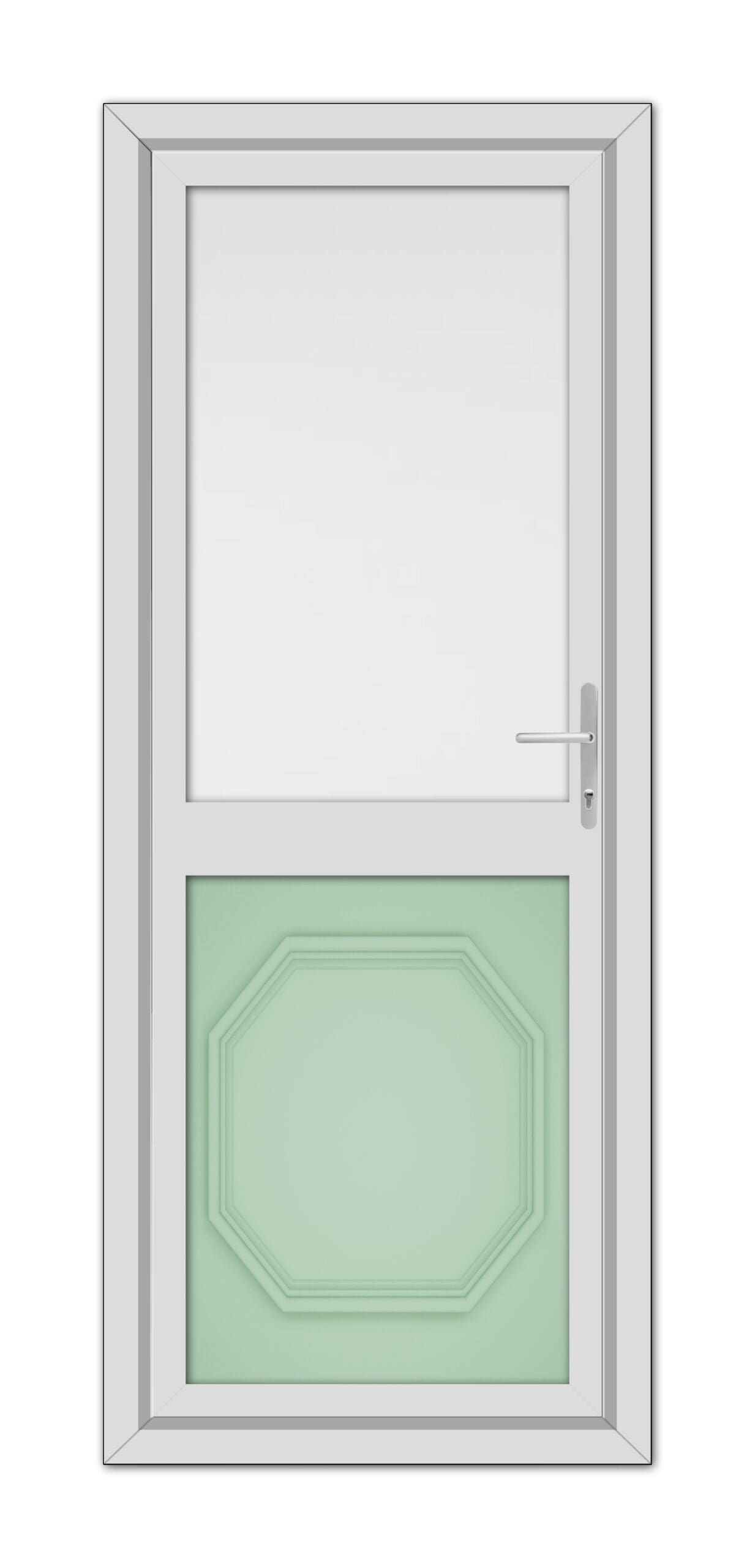 A closed modern door with a geometric lower panel in Chartwell Green and a translucent window on the top, all framed in a white casing.