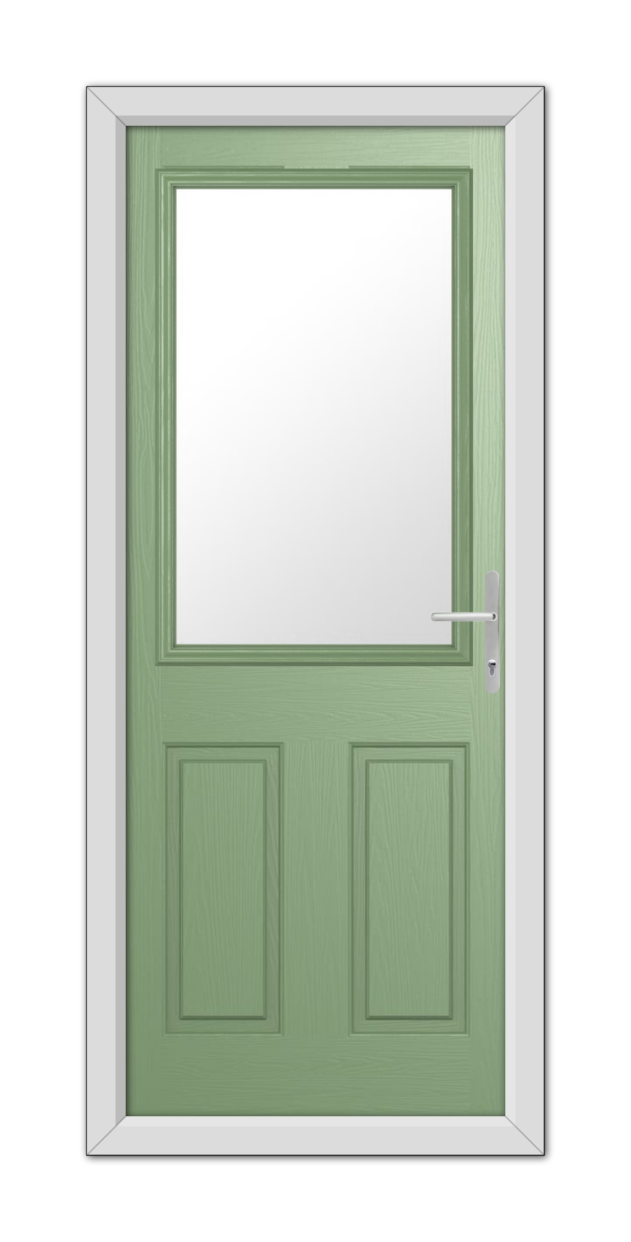 A Chartwell Green Buxton Composite Door with a clear rectangular pane of glass at the top, framed in a white doorframe, featuring a silver handle on the right side.