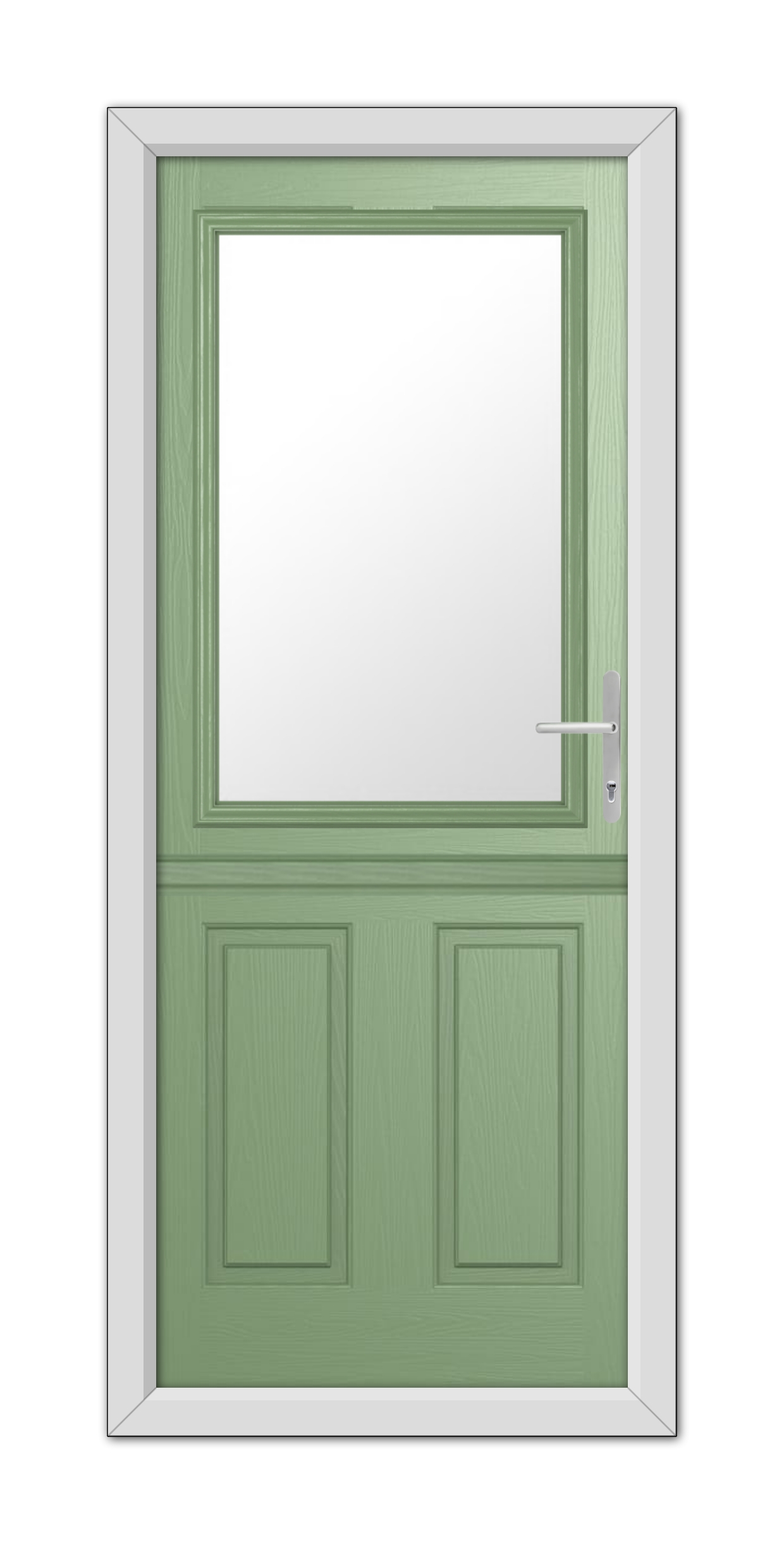 A Chartwell Green Buxton Stable Composite Door 48mm Timber Core with a large windowpane, framed in a white doorway, featuring a modern handle on the right side.