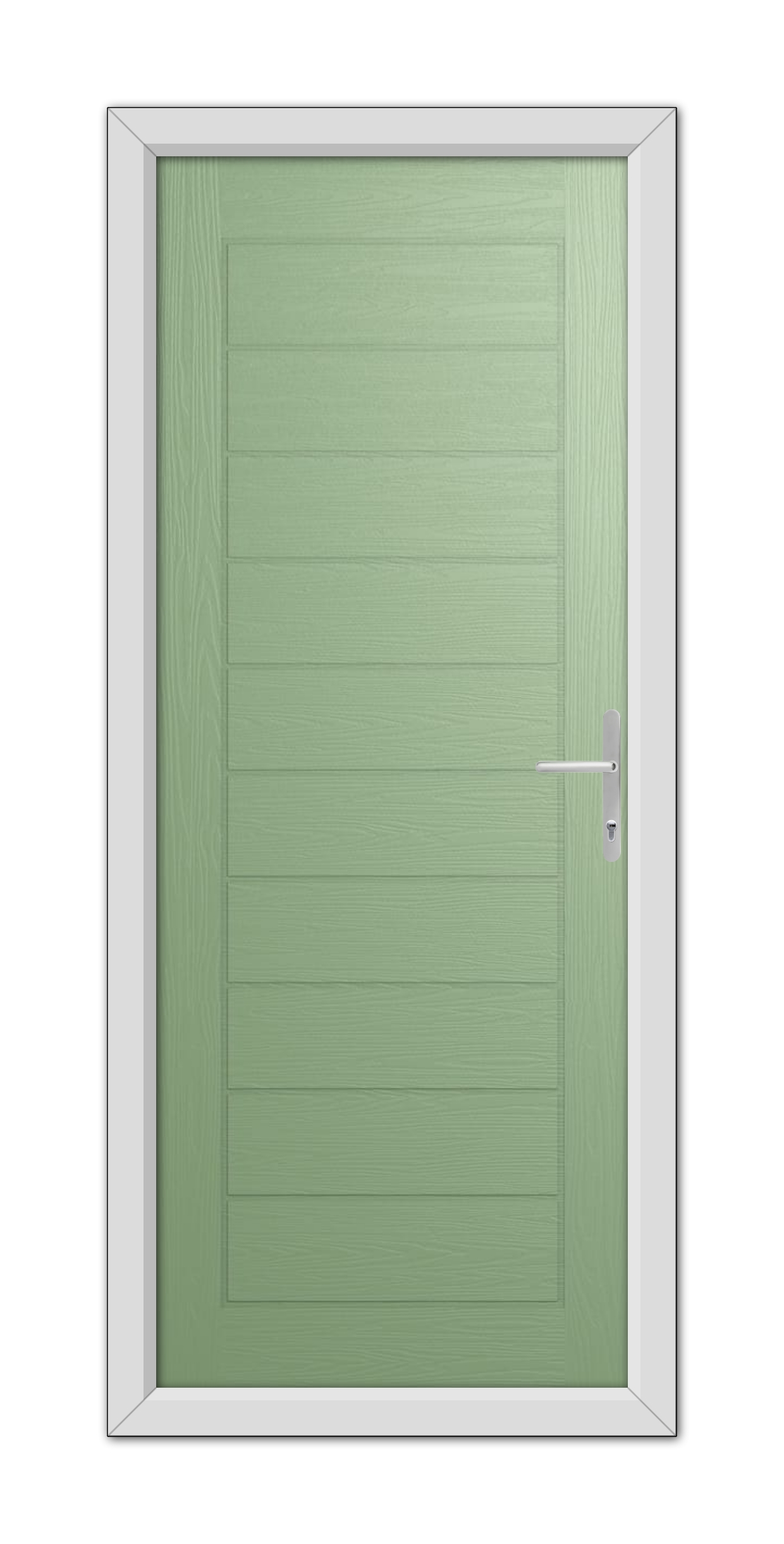 A Chartwell Green Cambridge Composite Door 48mm Timber Core with a horizontal panel design and a silver handle, set within a white door frame, isolated on a white background.