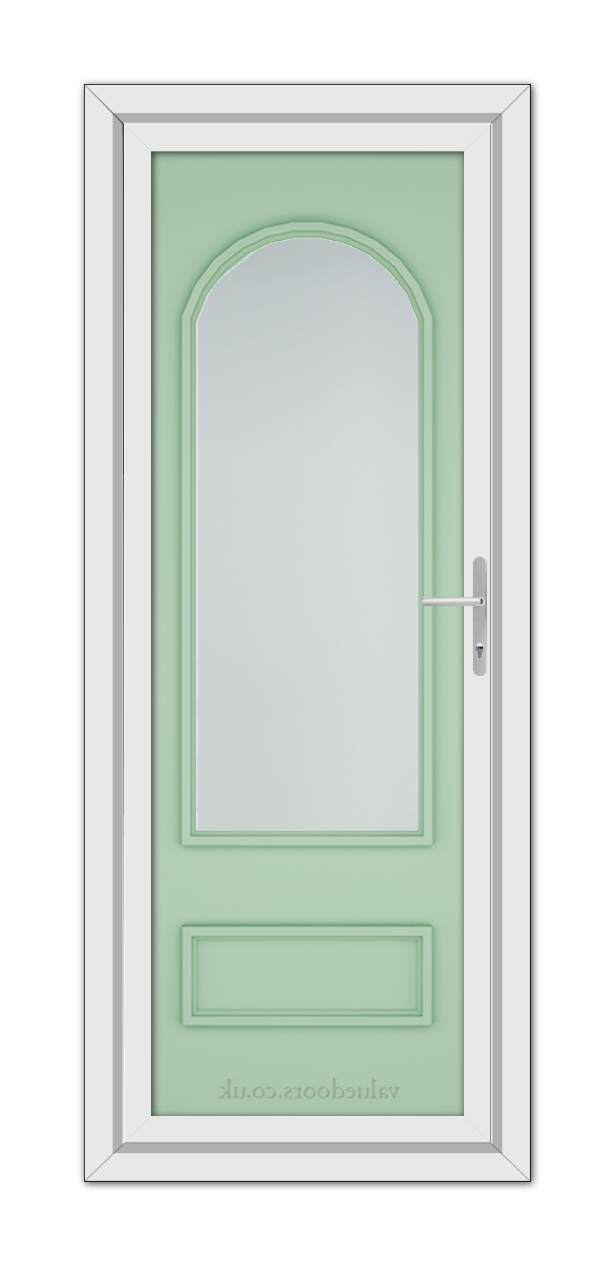 A Chartwell Green Canterbury uPVC door with a vertical arched window and a metal handle, set in a white door frame.