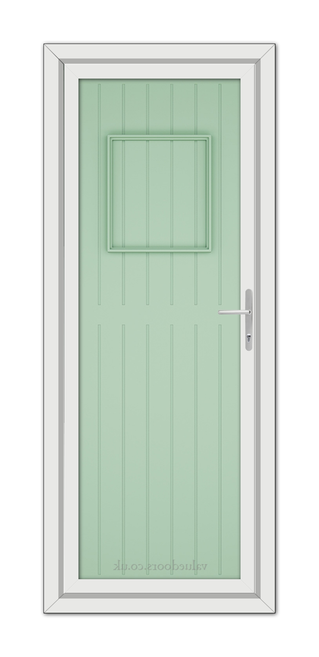 A Chartwell Green Chatsworth Solid uPVC door with a rectangular window and a silver handle, set within a white frame.