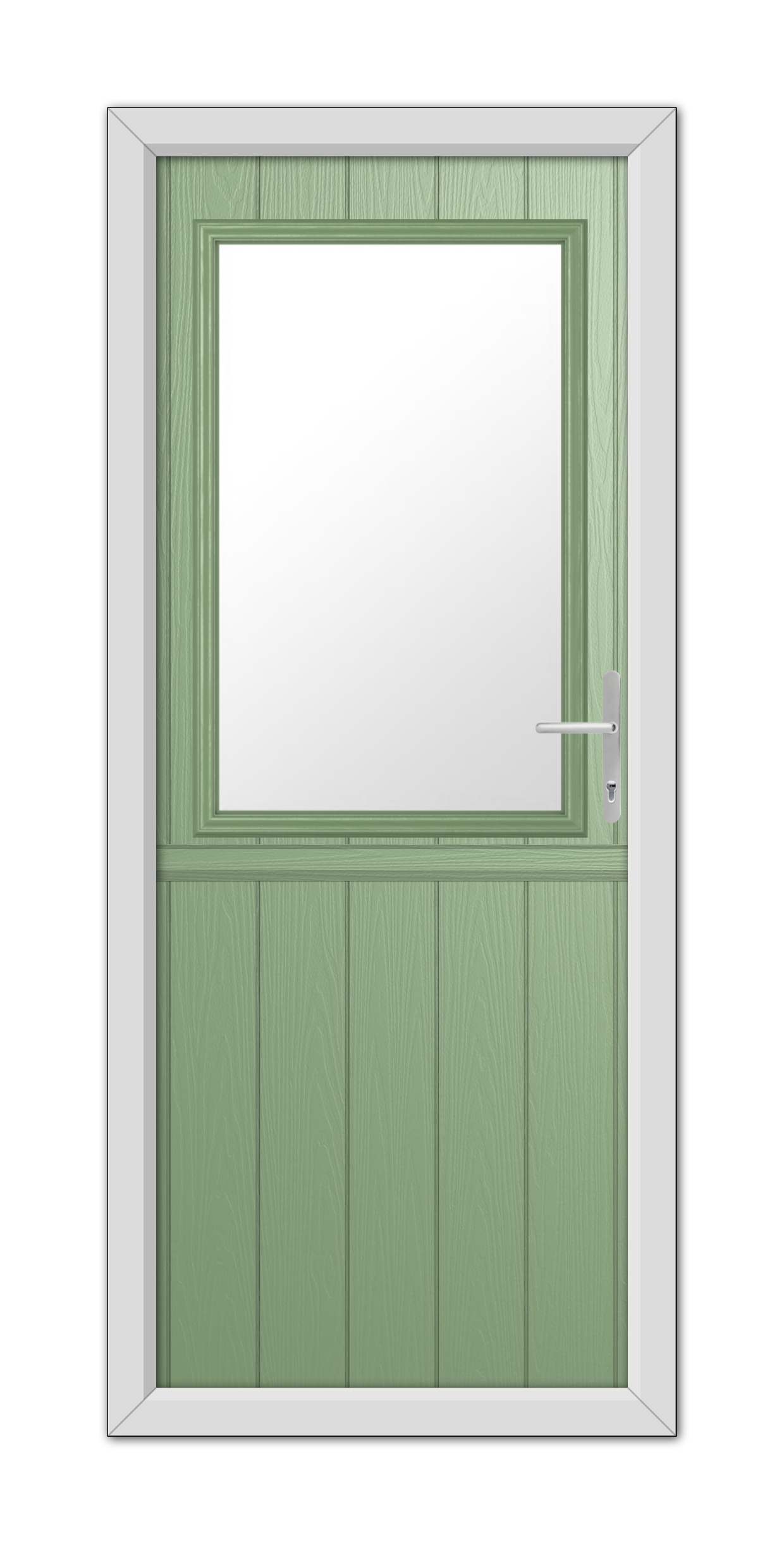 Chartwell Green Clifton Stable Composite Door with a white framed glass window and a metallic handle, set in a gray door frame.