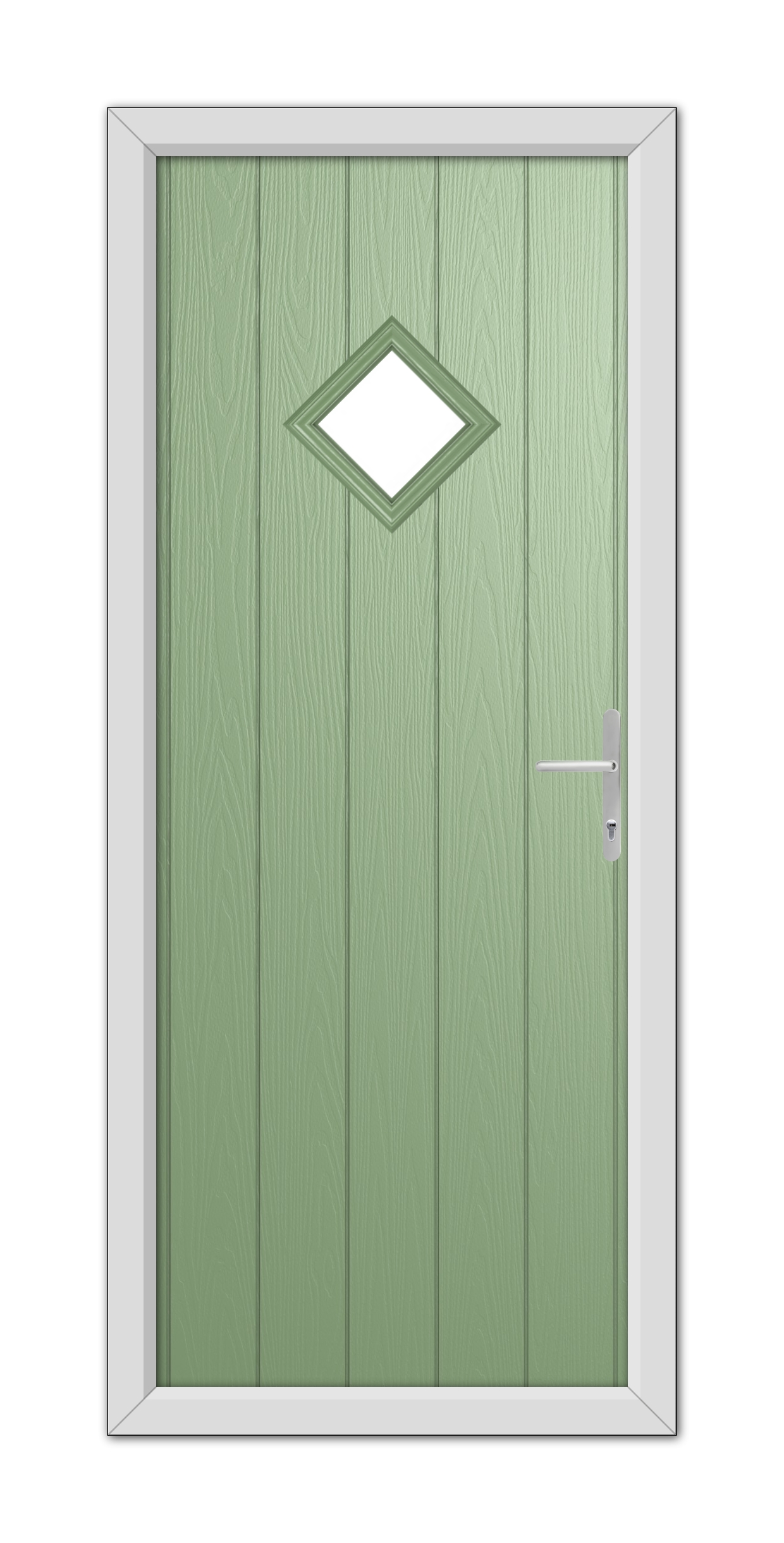 A Chartwell Green Cornwall Composite Door 48mm Timber Core with a diamond-shaped window and white modern handle, set in a white frame.