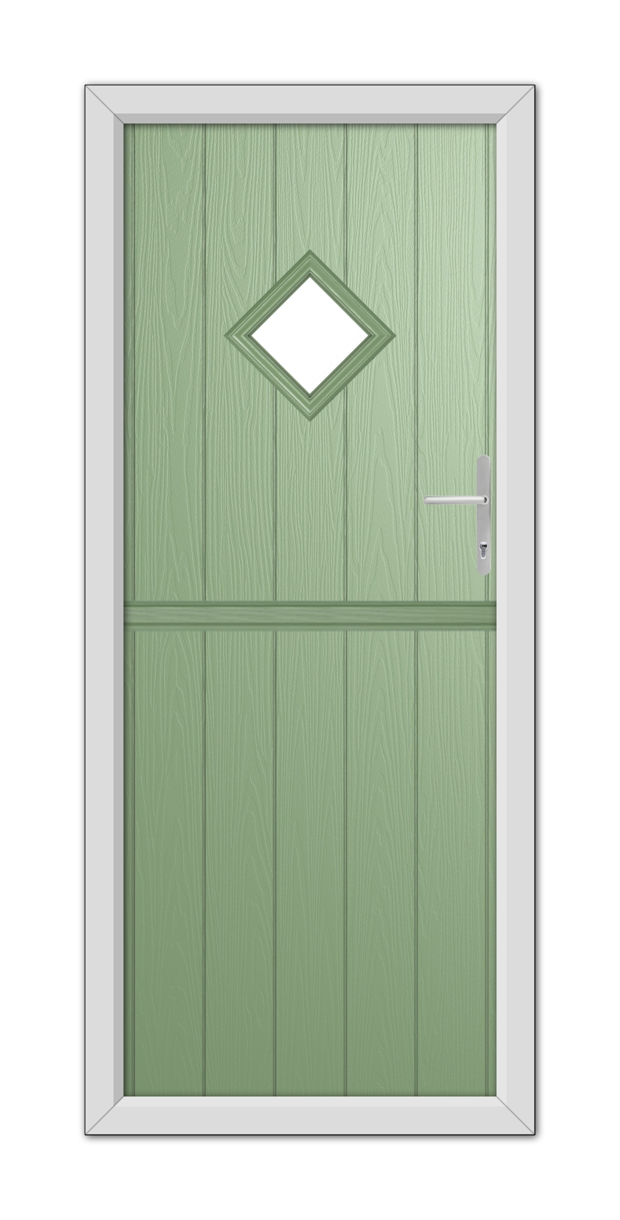 A modern Chartwell Green Cornwall Stable Composite Door featuring a diamond-shaped window at the top and a metallic handle on the right.
