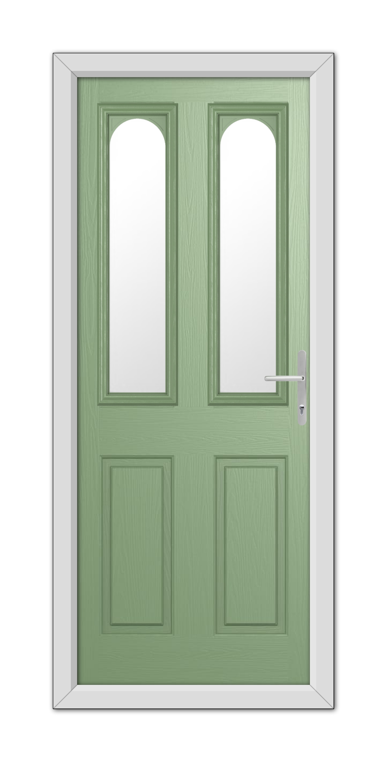 A Chartwell Green Elmhurst Composite Door 48mm Timber Core with window panels and a metallic handle, set within a white frame, isolated on a white background.